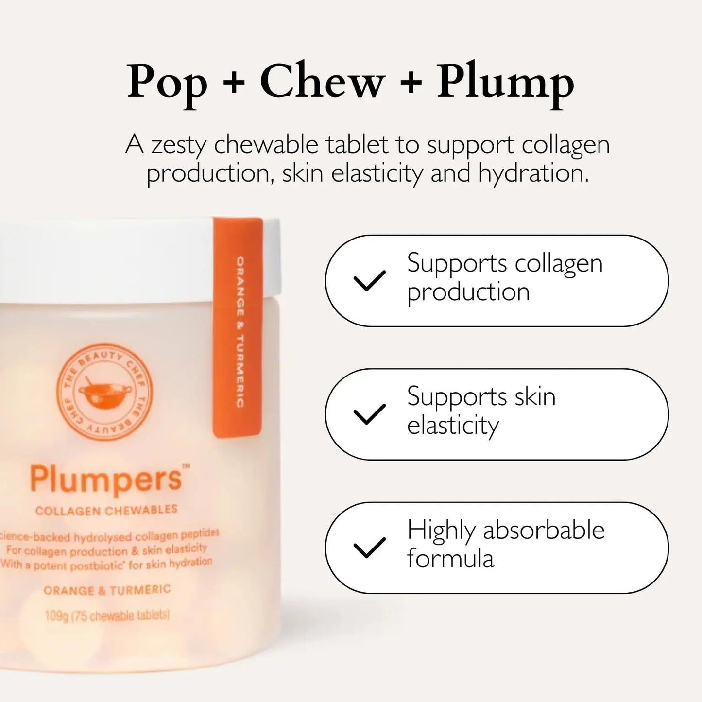 The Beauty Chef Plumpers™ Collagen Chewable Tablets with Hyaluronic Acid & Postbiotic, Supports Skin Elasticity & Collagen, Women's Multivitamin, Collagen Peptides, 75 Tablets (Orange & Turmeric) - Maple Wellness Supplements
