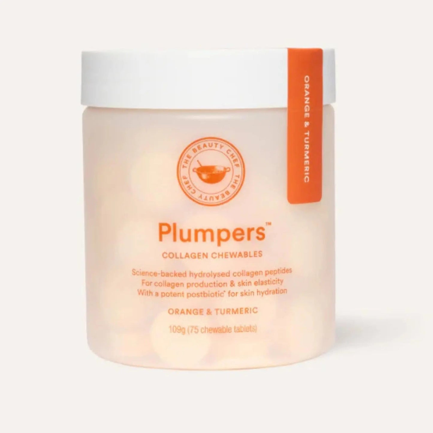 The Beauty Chef Plumpers™ Collagen Chewable Tablets with Hyaluronic Acid & Postbiotic, Supports Skin Elasticity & Collagen, Women's Multivitamin, Collagen Peptides, 75 Tablets (Orange & Turmeric) - Maple Wellness Supplements