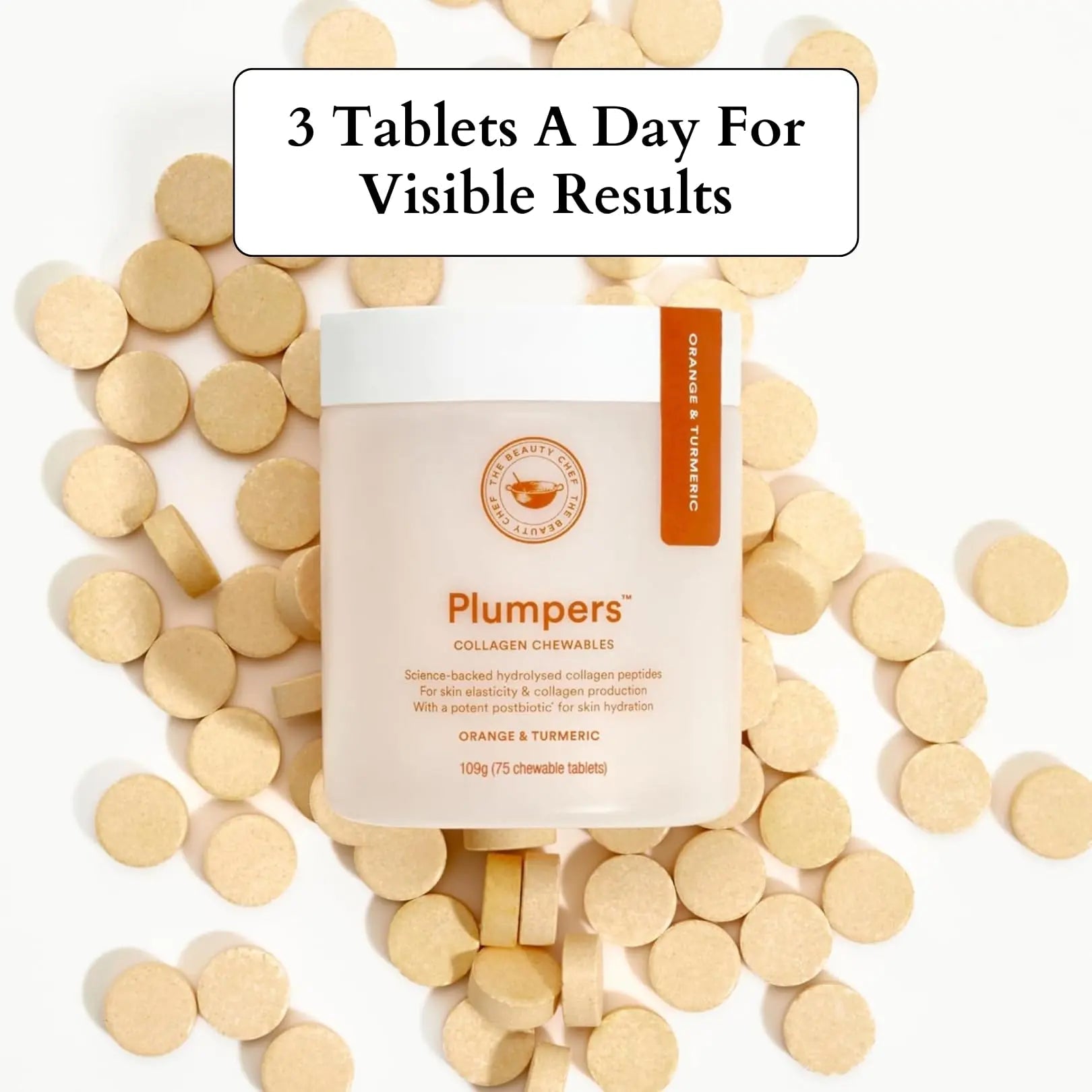 The Beauty Chef Plumpers™ Collagen Chewable Tablets with Hyaluronic Acid & Postbiotic, Supports Skin Elasticity & Collagen, Women's Multivitamin, Collagen Peptides, 75 Tablets (Orange & Turmeric) - Maple Wellness Supplements