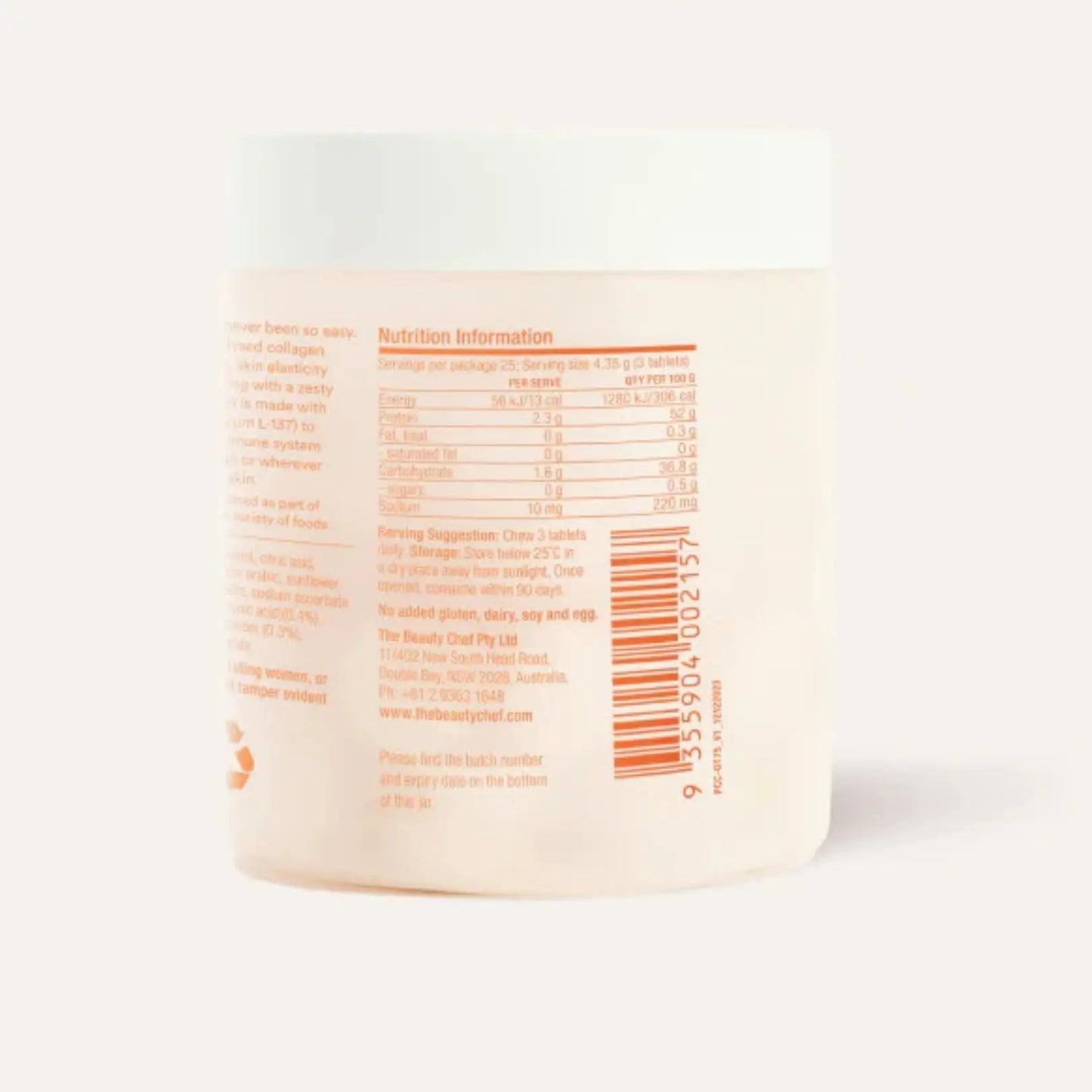The Beauty Chef Plumpers™ Collagen Chewable Tablets with Hyaluronic Acid & Postbiotic, Supports Skin Elasticity & Collagen, Women's Multivitamin, Collagen Peptides, 75 Tablets (Orange & Turmeric) - Maple Wellness Supplements