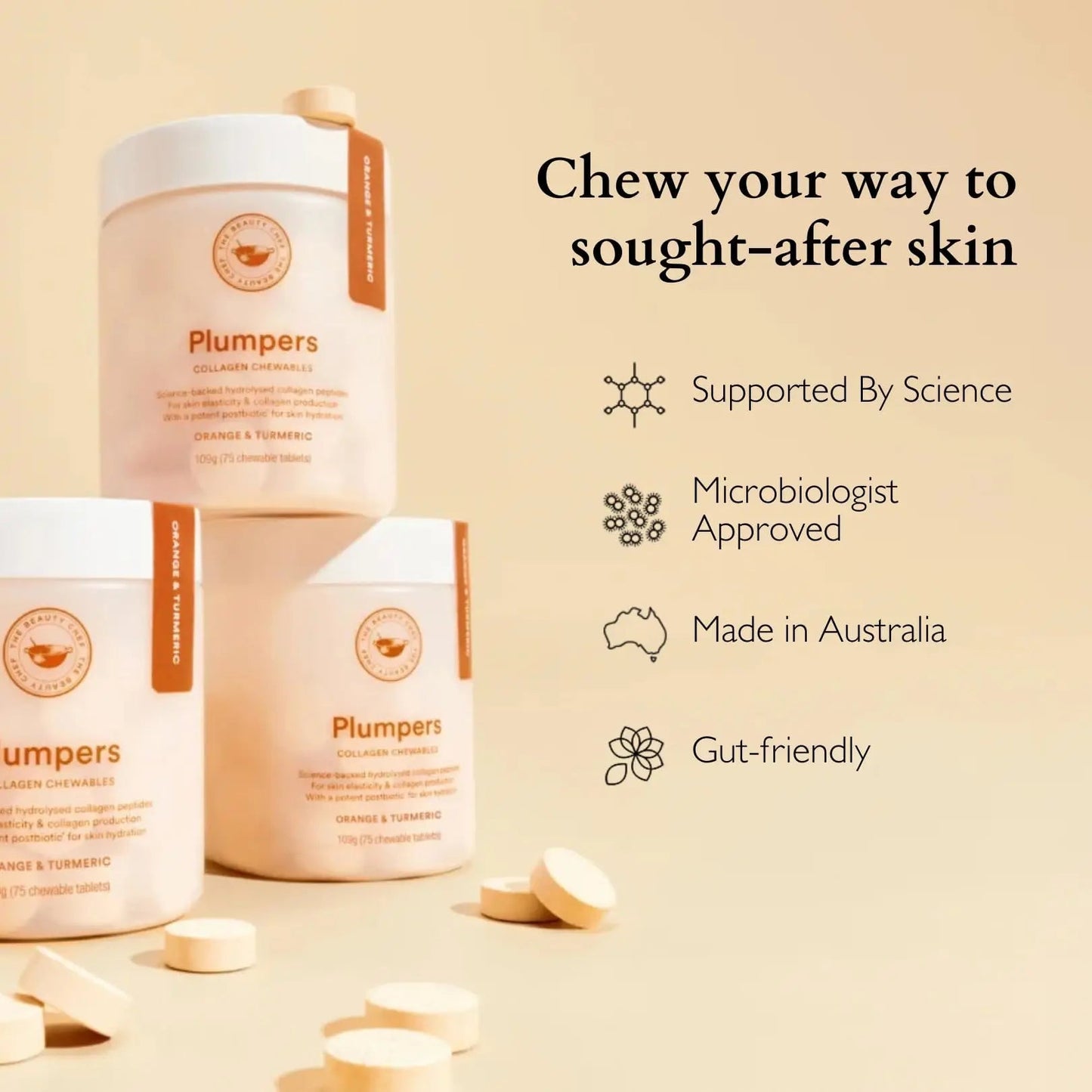 The Beauty Chef Plumpers™ Collagen Chewable Tablets with Hyaluronic Acid & Postbiotic, Supports Skin Elasticity & Collagen, Women's Multivitamin, Collagen Peptides, 75 Tablets (Orange & Turmeric) - Maple Wellness Supplements