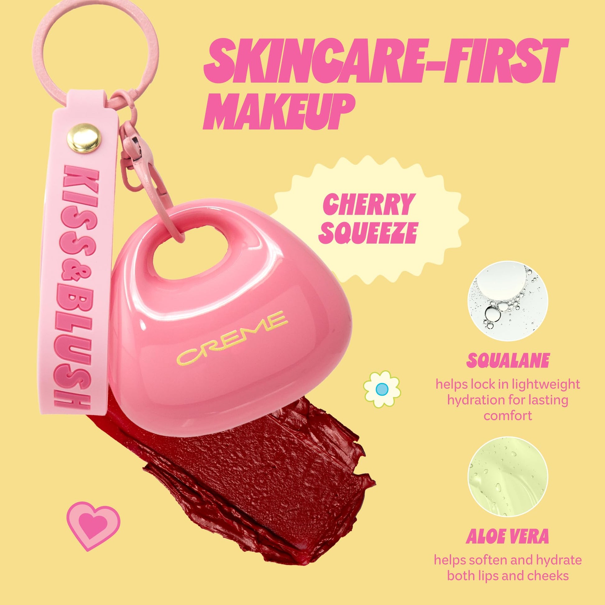 The Crème Shop Kiss & Blush Tinted Lip Balm & Blush, Korean Makeup for Lips & Cheeks, Cute Charm Key Chain, Hydrating, Long Lasting Tint, Aloe, Squalane (Cherry Squeeze) - Maple Wellness Supplements