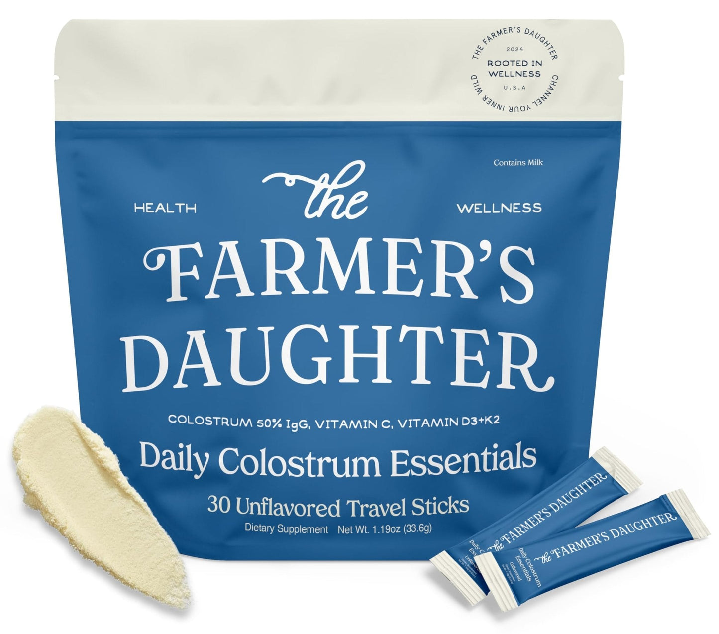 THE FARMER'S DAUGHTER Colostrum Powder | Unflavored | Gut Health & Bloating | Hair, Skin & Nails | Immunity Supplement | 30 Individual Travel Stick Packs - Maple Wellness Supplements