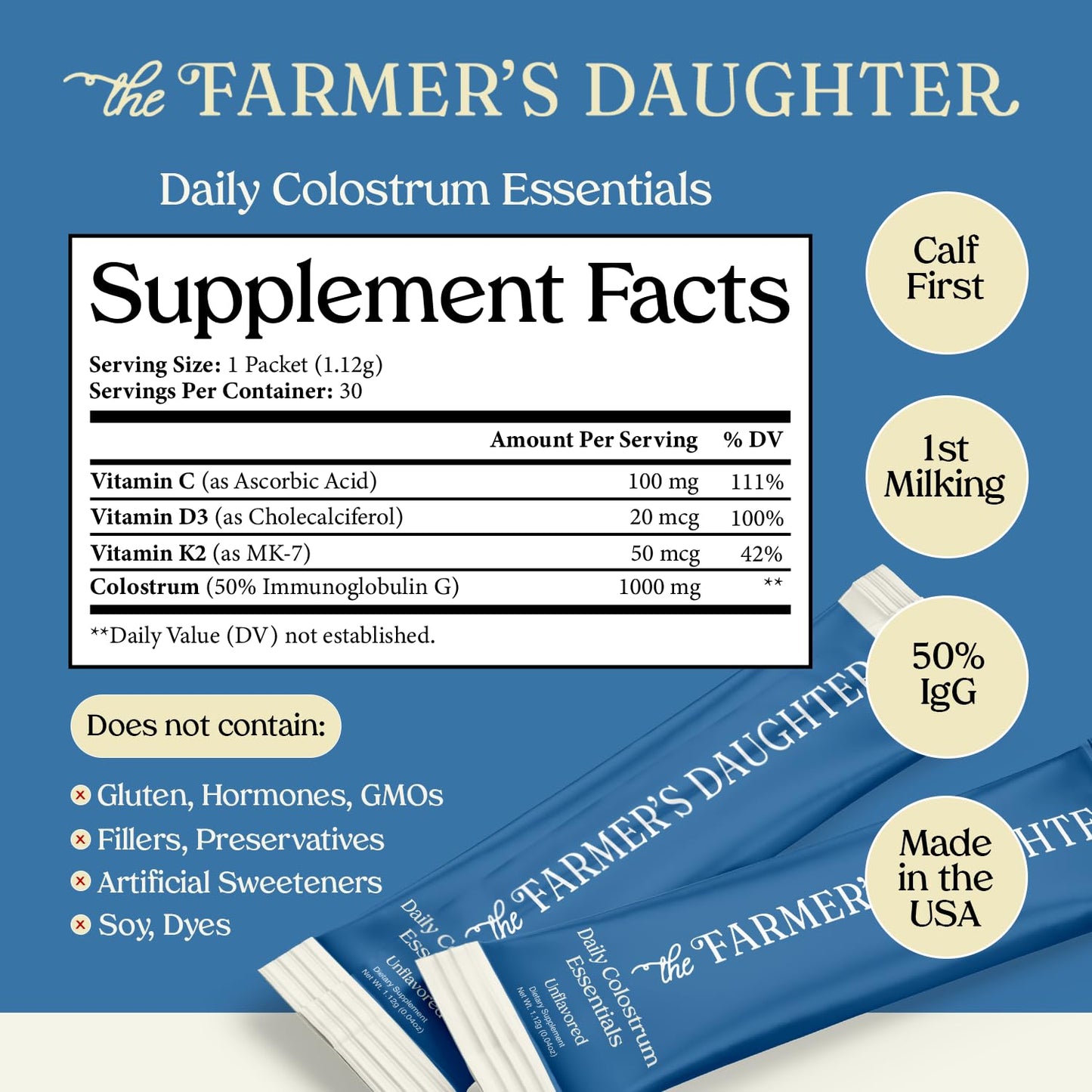 THE FARMER'S DAUGHTER Colostrum Powder | Unflavored | Gut Health & Bloating | Hair, Skin & Nails | Immunity Supplement | 30 Individual Travel Stick Packs - Maple Wellness Supplements