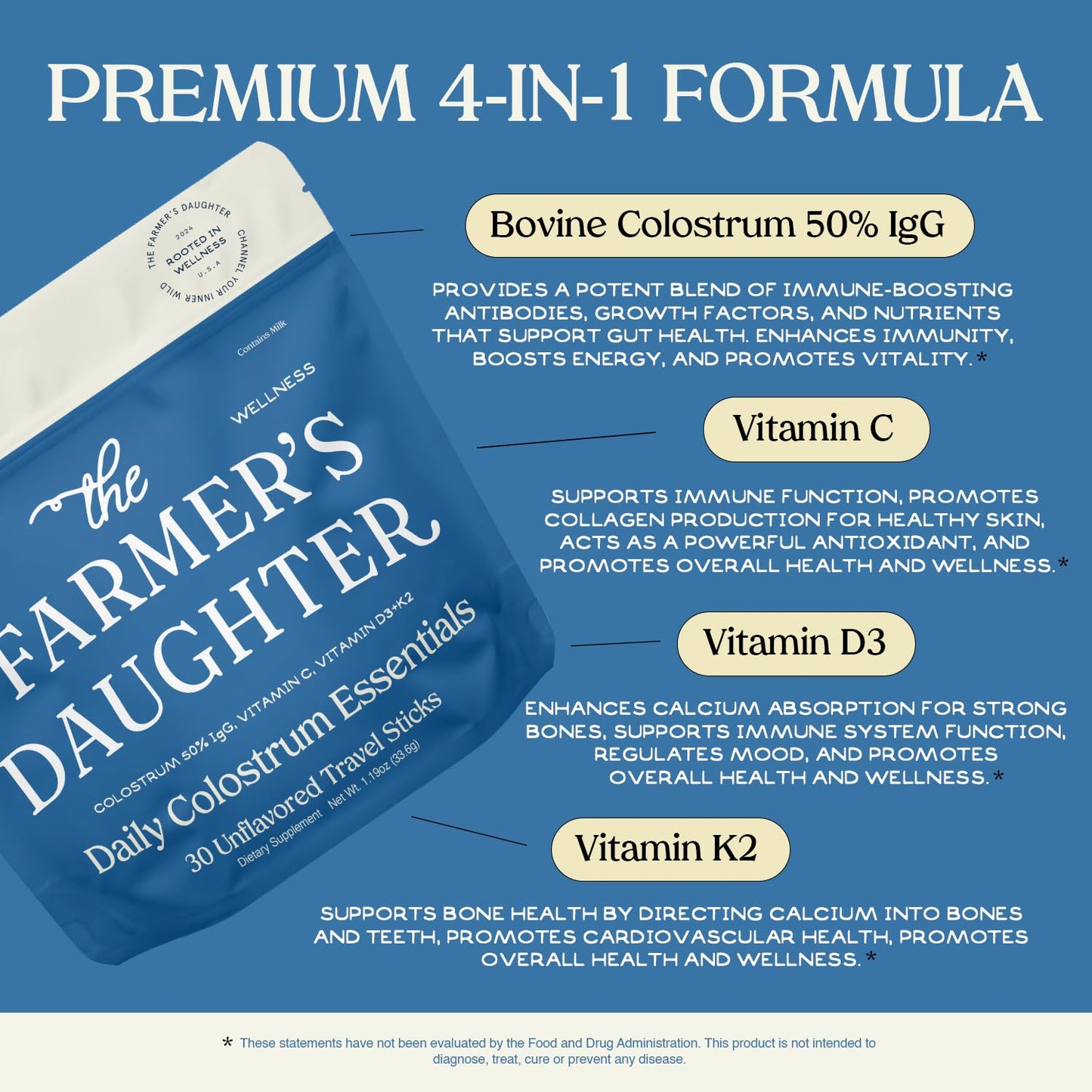 THE FARMER'S DAUGHTER Colostrum Powder | Unflavored | Gut Health & Bloating | Hair, Skin & Nails | Immunity Supplement | 30 Individual Travel Stick Packs - Maple Wellness Supplements