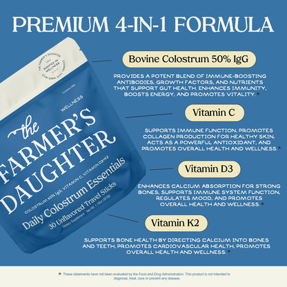 THE FARMER'S DAUGHTER Colostrum Powder | Unflavored | Gut Health & Bloating | Hair, Skin & Nails | Immunity Supplement | 30 Individual Travel Stick Packs - Maple Wellness Supplements