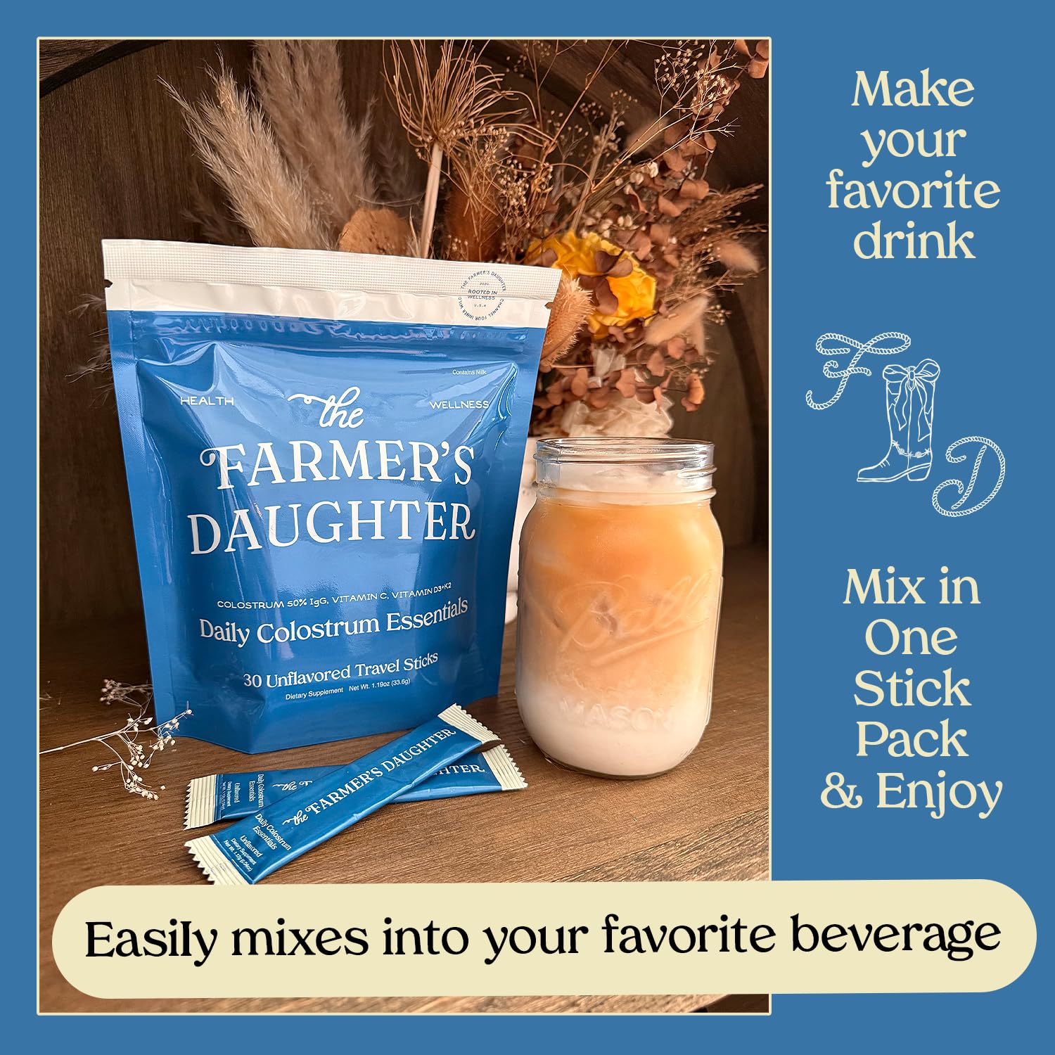 THE FARMER'S DAUGHTER Colostrum Powder | Unflavored | Gut Health & Bloating | Hair, Skin & Nails | Immunity Supplement | 30 Individual Travel Stick Packs - Maple Wellness Supplements