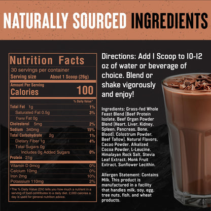 The Fittest Whole Feast Beef Protein Powder - Milk Chocolate - Grass Fed Nose to Tail Carnivore Blend Including Liver, Colostrum and Whole Bone - BCAAs - 14g Collagen, 21g Total Protein - Maple Wellness Supplements