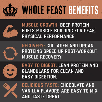 The Fittest Whole Feast Beef Protein Powder - Milk Chocolate - Grass Fed Nose to Tail Carnivore Blend Including Liver, Colostrum and Whole Bone - BCAAs - 14g Collagen, 21g Total Protein - Maple Wellness Supplements