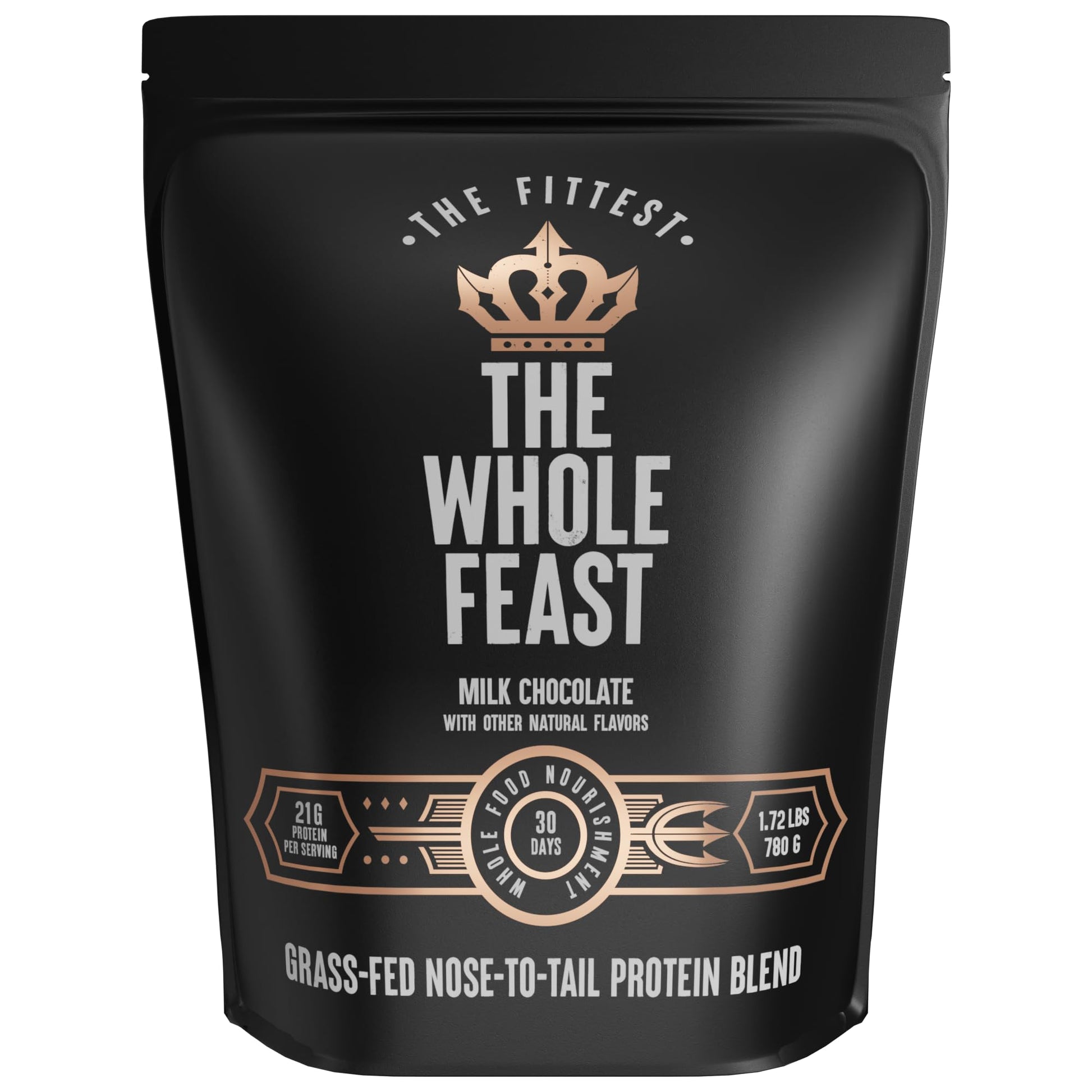 The Fittest Whole Feast Beef Protein Powder - Milk Chocolate - Grass Fed Nose to Tail Carnivore Blend Including Liver, Colostrum and Whole Bone - BCAAs - 14g Collagen, 21g Total Protein - Maple Wellness Supplements