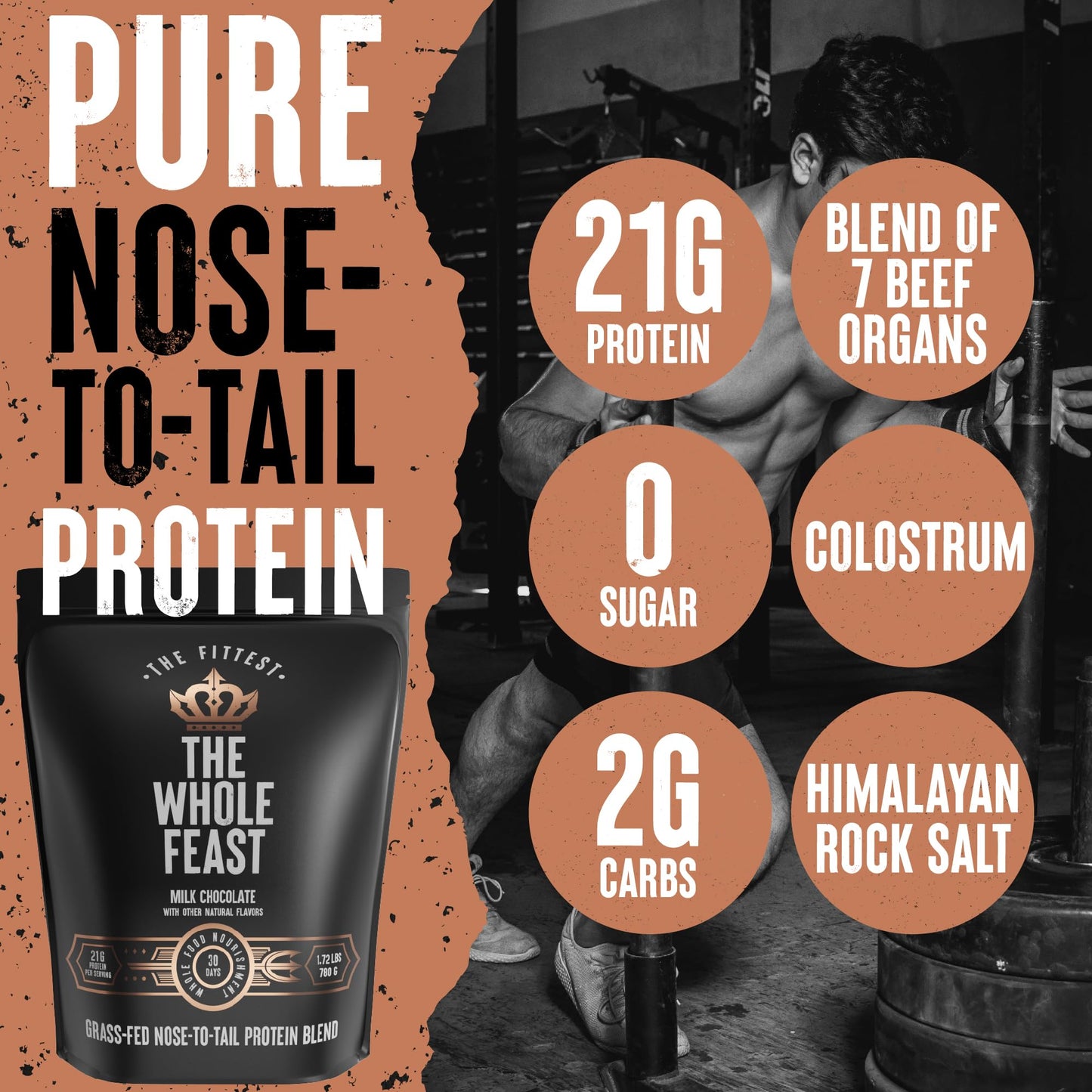 The Fittest Whole Feast Beef Protein Powder - Milk Chocolate - Grass Fed Nose to Tail Carnivore Blend Including Liver, Colostrum and Whole Bone - BCAAs - 14g Collagen, 21g Total Protein - Maple Wellness Supplements