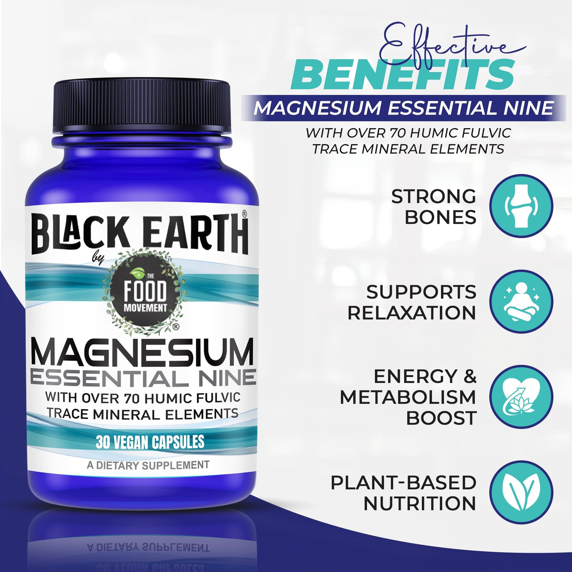 The Food Movement Co. Black Earth Magnesium Essential Nine - Vegan Capsules with Magnesium Glycinate, Citrate, Malate and More - 9 Bioactive Forms for Optimal Health (30 Count) - Maple Wellness Supplements