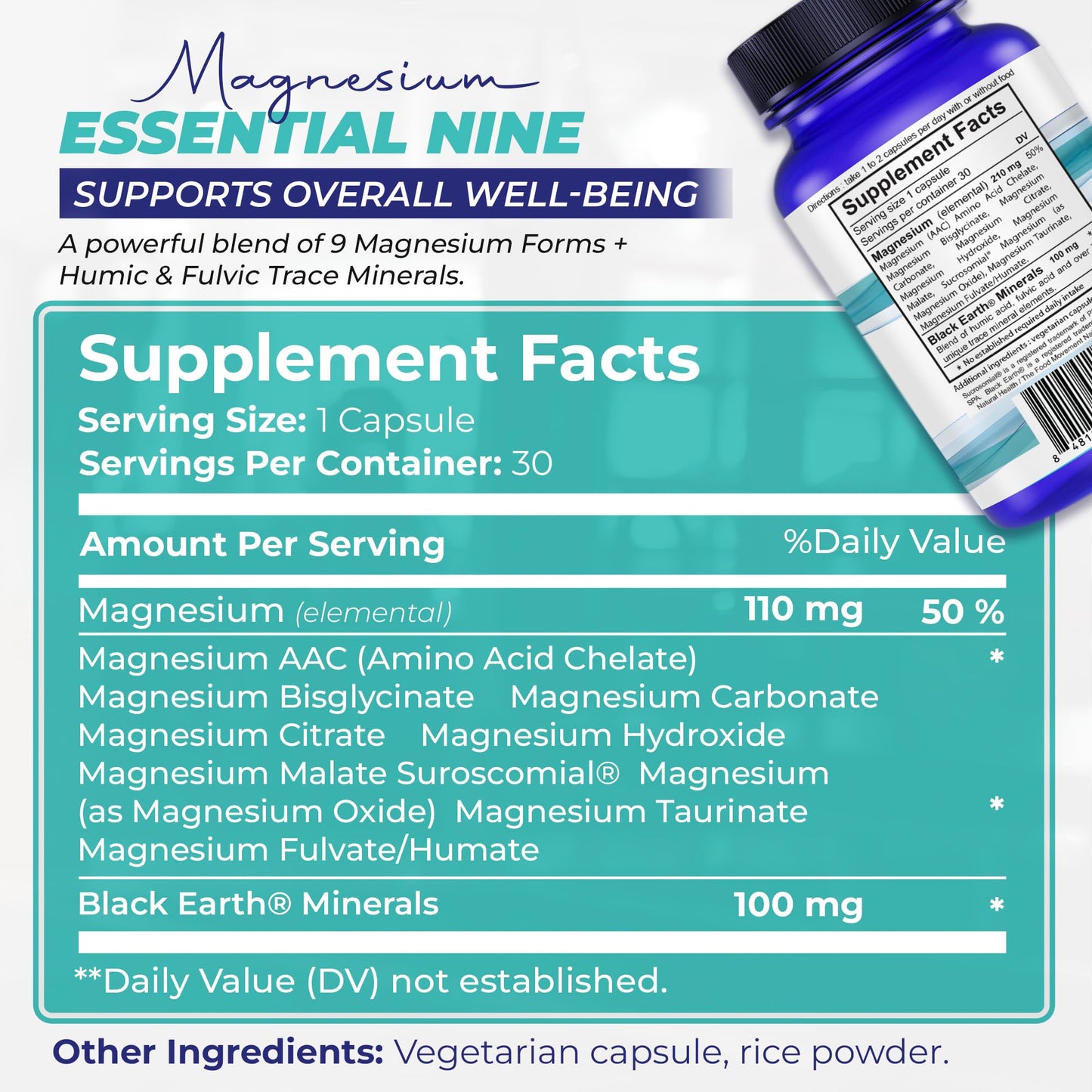 The Food Movement Co. Black Earth Magnesium Essential Nine - Vegan Capsules with Magnesium Glycinate, Citrate, Malate and More - 9 Bioactive Forms for Optimal Health (30 Count) - Maple Wellness Supplements