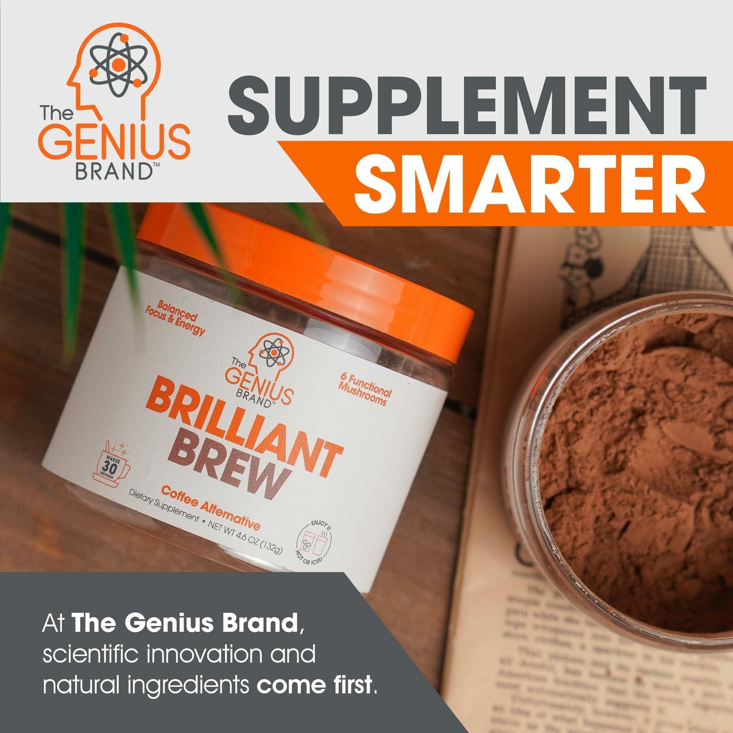 The Genius Brand Genius Brilliant Brew - Natural Coffee Substitute for Clear Thinking, Energy & Immune Support - No Crash or Jitters - Powered by Nootropics - Non-GMO - 30 Servings - Sweet Cocoa - Maple Wellness Supplements