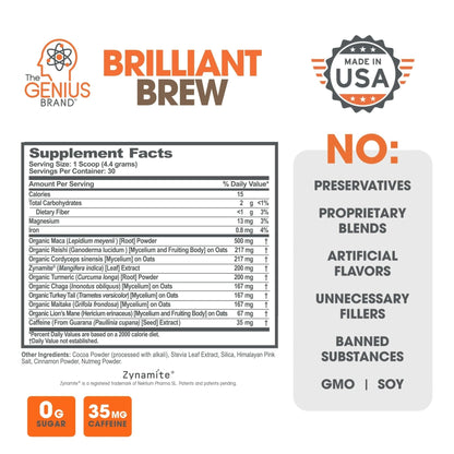The Genius Brand Genius Brilliant Brew - Natural Coffee Substitute for Clear Thinking, Energy & Immune Support - No Crash or Jitters - Powered by Nootropics - Non-GMO - 30 Servings - Sweet Cocoa - Maple Wellness Supplements