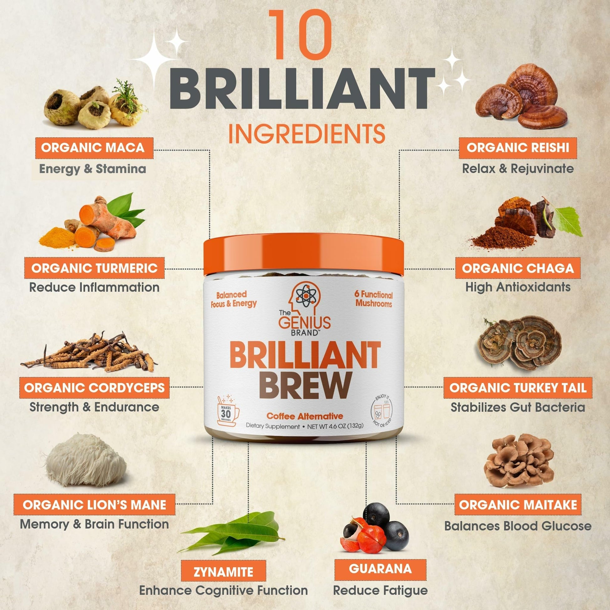 The Genius Brand Genius Brilliant Brew - Natural Coffee Substitute for Clear Thinking, Energy & Immune Support - No Crash or Jitters - Powered by Nootropics - Non-GMO - 30 Servings - Sweet Cocoa - Maple Wellness Supplements