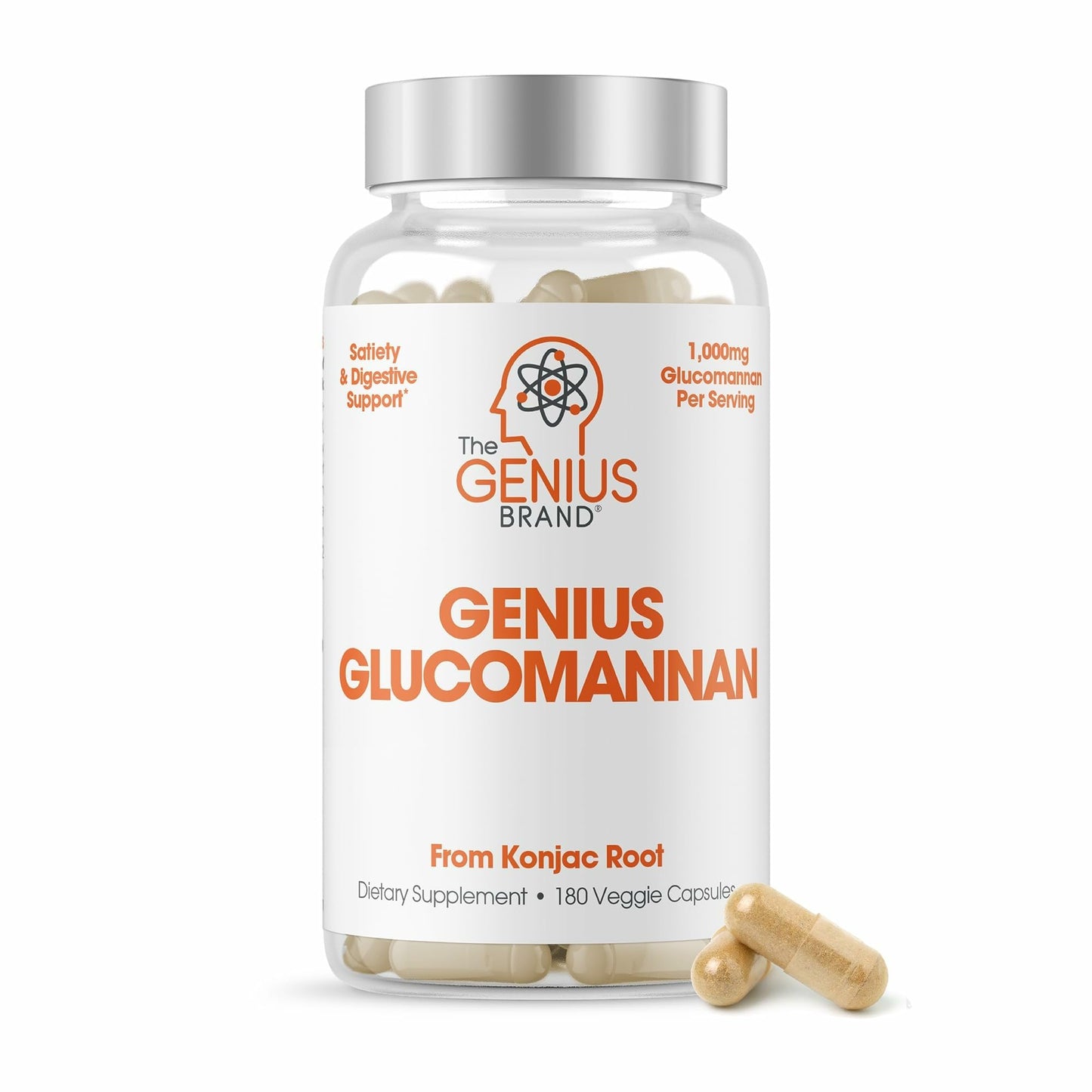 The Genius Brand Genius Glucomannan - Glucomannan Capsules for Digestive Health, Energy & Satiety Support - Natural Fiber for Stomach Comfort - Non-GMO & Vegan - 180 Veggie Capsules - Maple Wellness Supplements