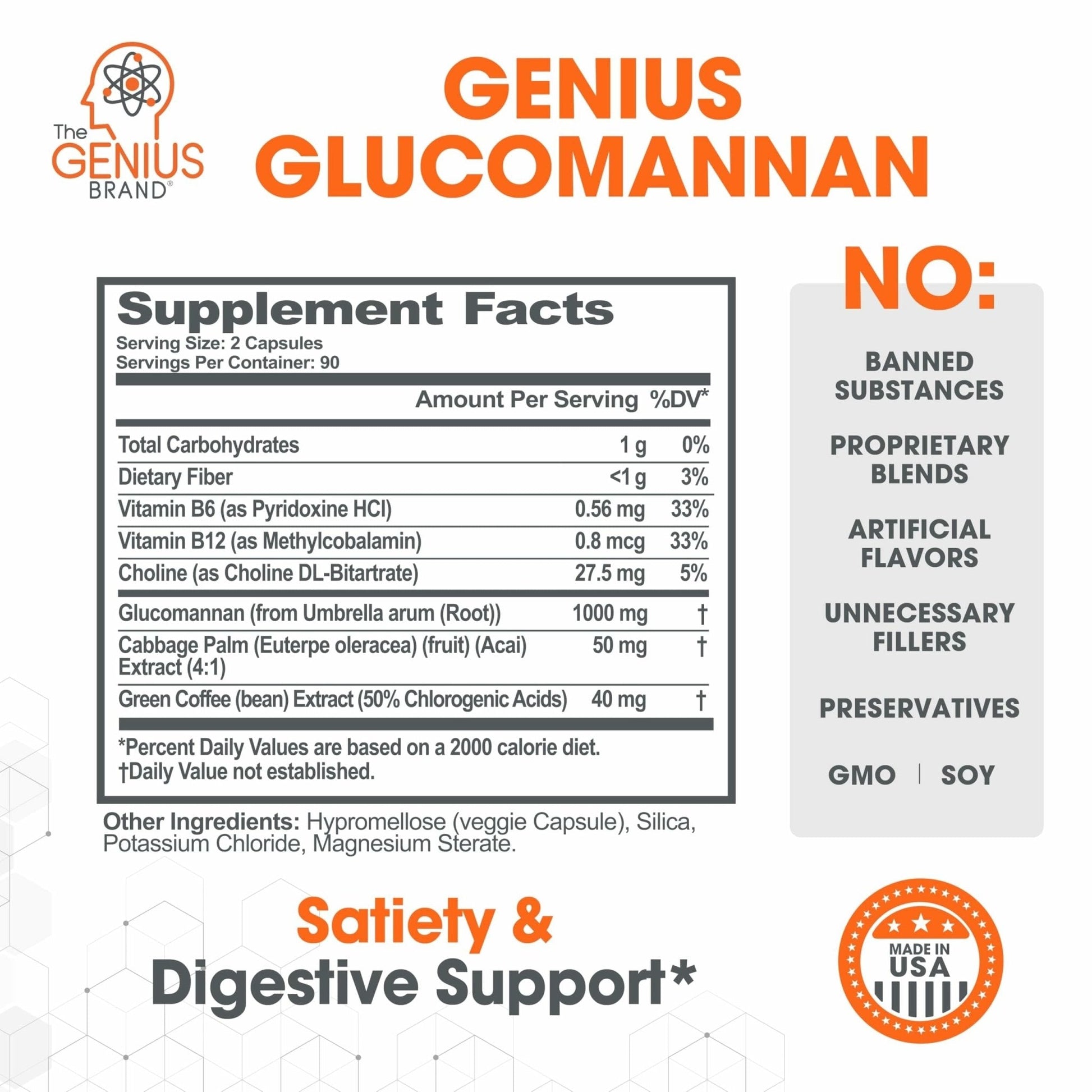 The Genius Brand Genius Glucomannan - Glucomannan Capsules for Digestive Health, Energy & Satiety Support - Natural Fiber for Stomach Comfort - Non-GMO & Vegan - 180 Veggie Capsules - Maple Wellness Supplements
