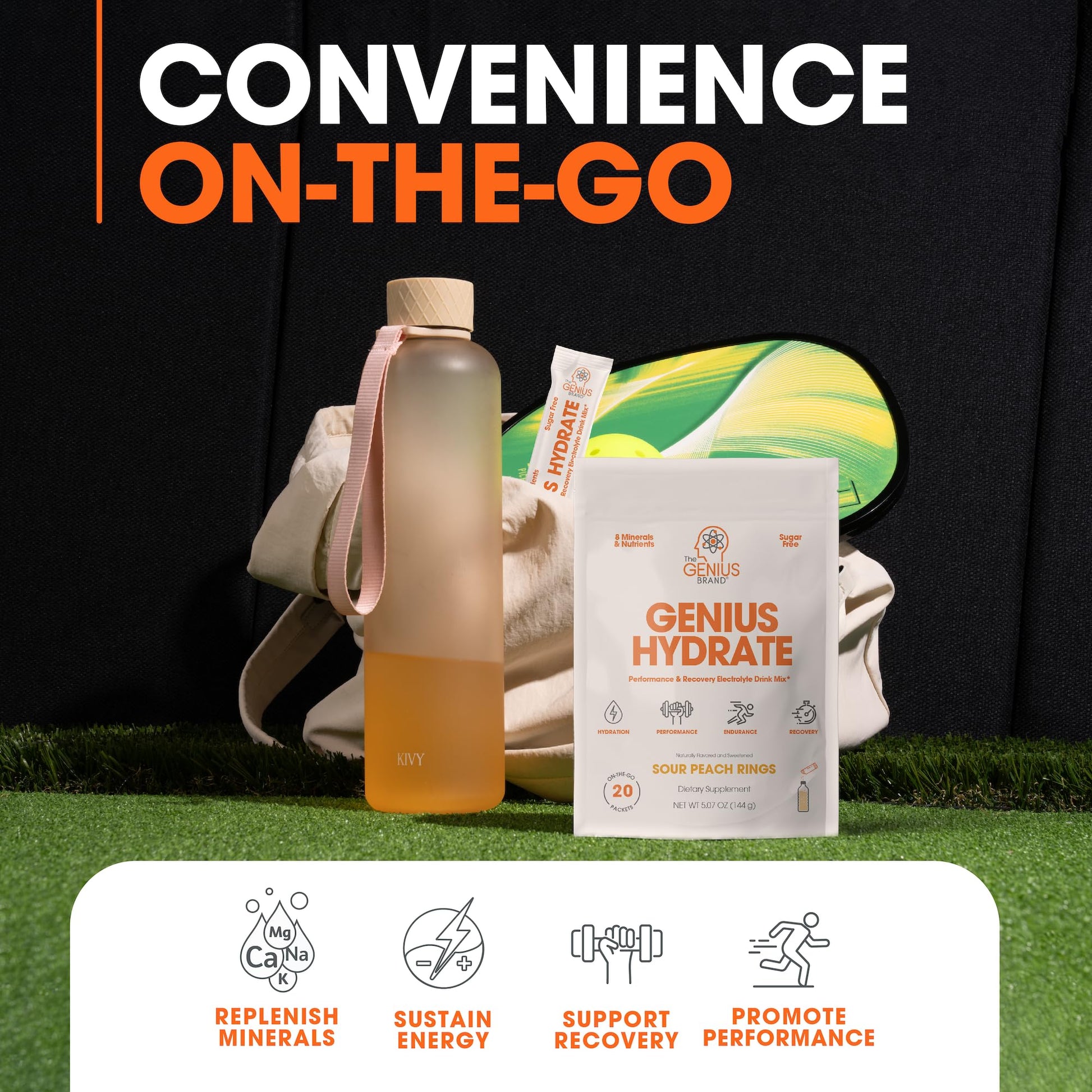 The Genius Brand Genius Hydrate - Electrolyte Supplement for Daily Hydration - Coconut Water - Sugar-Free - 8 Essential Minerals & Nutrients - Non-GMO - Sour Peach Rings - 20 Servings - Maple Wellness Supplements