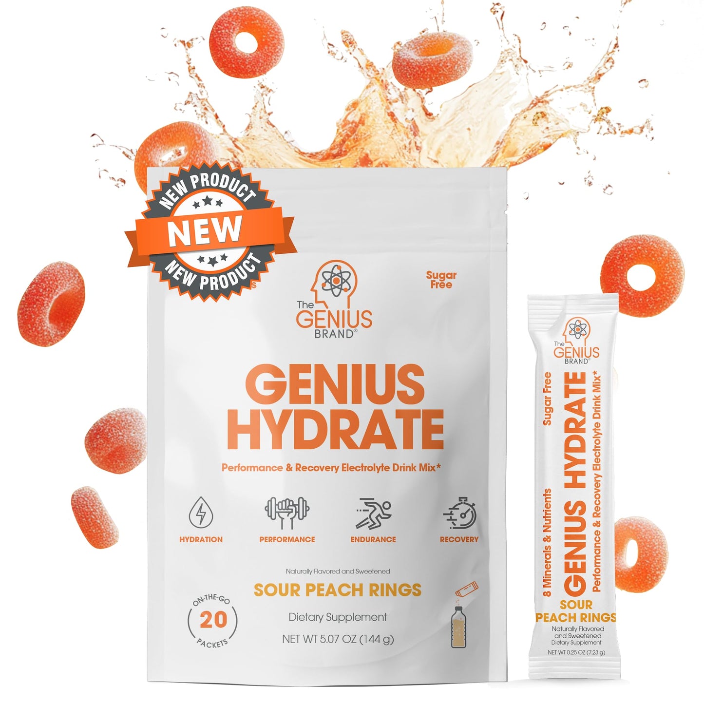 The Genius Brand Genius Hydrate - Electrolyte Supplement for Daily Hydration - Coconut Water - Sugar-Free - 8 Essential Minerals & Nutrients - Non-GMO - Sour Peach Rings - 20 Servings - Maple Wellness Supplements
