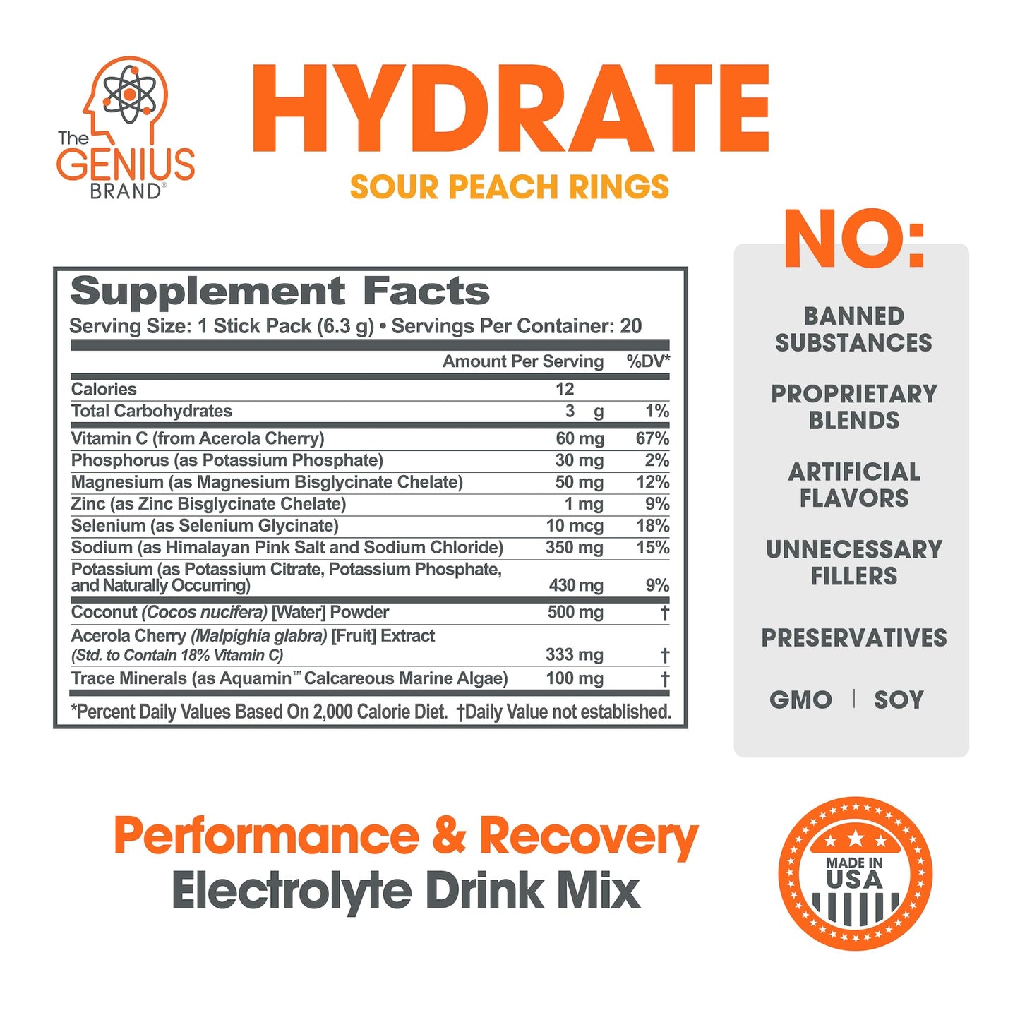 The Genius Brand Genius Hydrate - Electrolyte Supplement for Daily Hydration - Coconut Water - Sugar-Free - 8 Essential Minerals & Nutrients - Non-GMO - Sour Peach Rings - 20 Servings - Maple Wellness Supplements