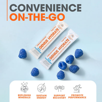 The Genius Brand - Genius Hydrate Stick Pack Powder Drink Mix – Blue Raspberry Flavor, Natural Electrolyte Booster with Coconut Water & Potassium for Ultimate Hydration - 20 Packets - Maple Wellness Supplements