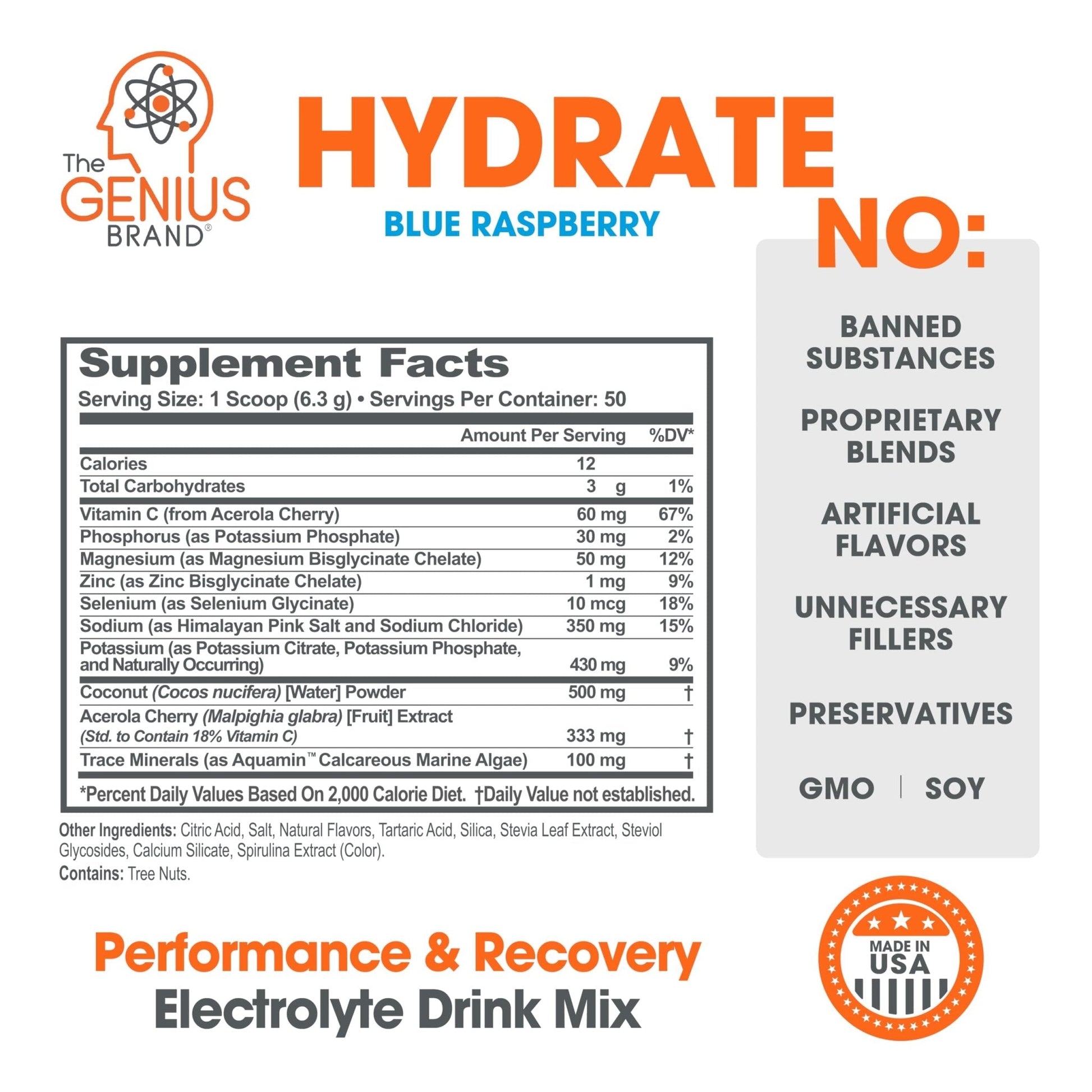The Genius Brand - Genius Hydrate Stick Pack Powder Drink Mix – Blue Raspberry Flavor, Natural Electrolyte Booster with Coconut Water & Potassium for Ultimate Hydration - 20 Packets - Maple Wellness Supplements