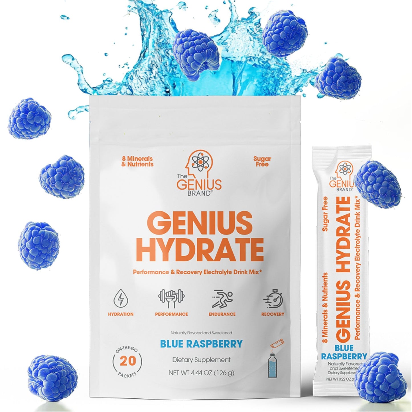 The Genius Brand - Genius Hydrate Stick Pack Powder Drink Mix – Blue Raspberry Flavor, Natural Electrolyte Booster with Coconut Water & Potassium for Ultimate Hydration - 20 Packets - Maple Wellness Supplements