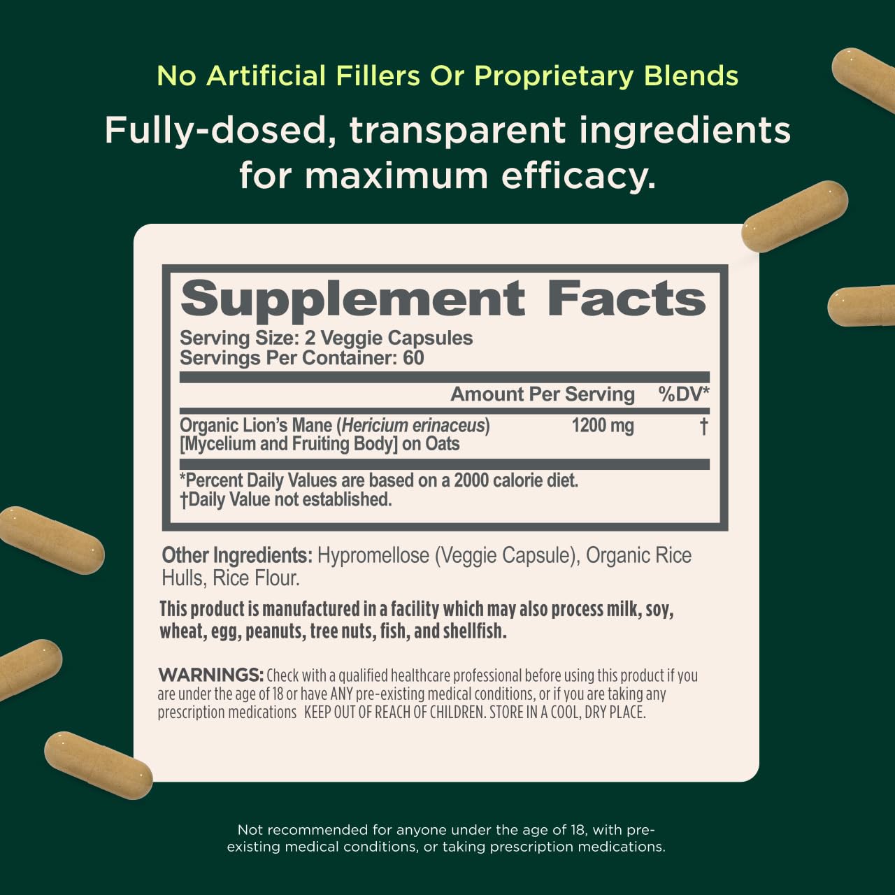 The Genius Brand Genius Lion's Mane - Plant-Based Supplement for Memory, Focus & Mood Support - Organic & Non-GMO - 120 Veggie Capsules - Maple Wellness Supplements
