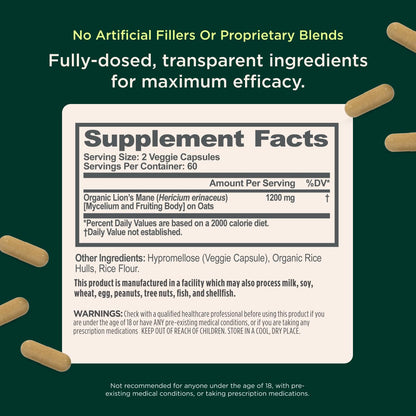 The Genius Brand Genius Lion's Mane - Plant-Based Supplement for Memory, Focus & Mood Support - Organic & Non-GMO - 120 Veggie Capsules - Maple Wellness Supplements