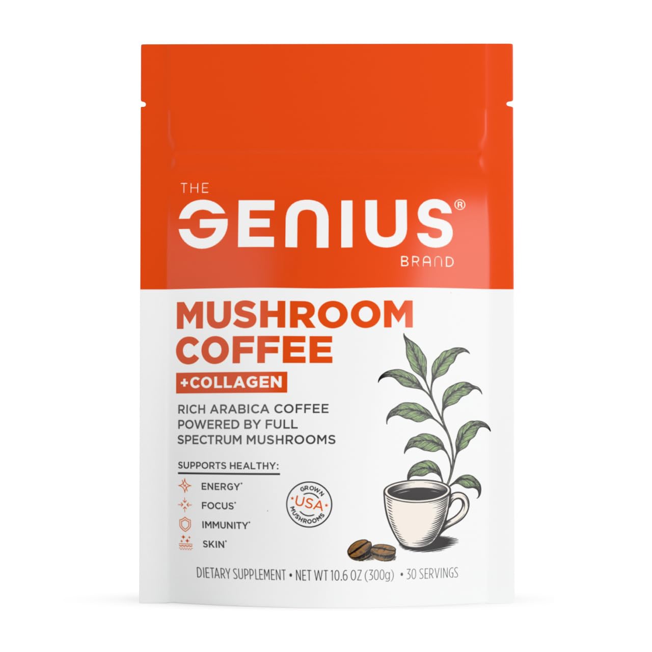 The Genius Brand Organic Mushroom Coffee + Collagen - Daily Energy Support - Healthy Immune Function - Arabica Coffee with Cordyceps, Reishi & Lion's Mane Mushroom Blend - 10.6 oz (30 Servings) - Maple Wellness Supplements