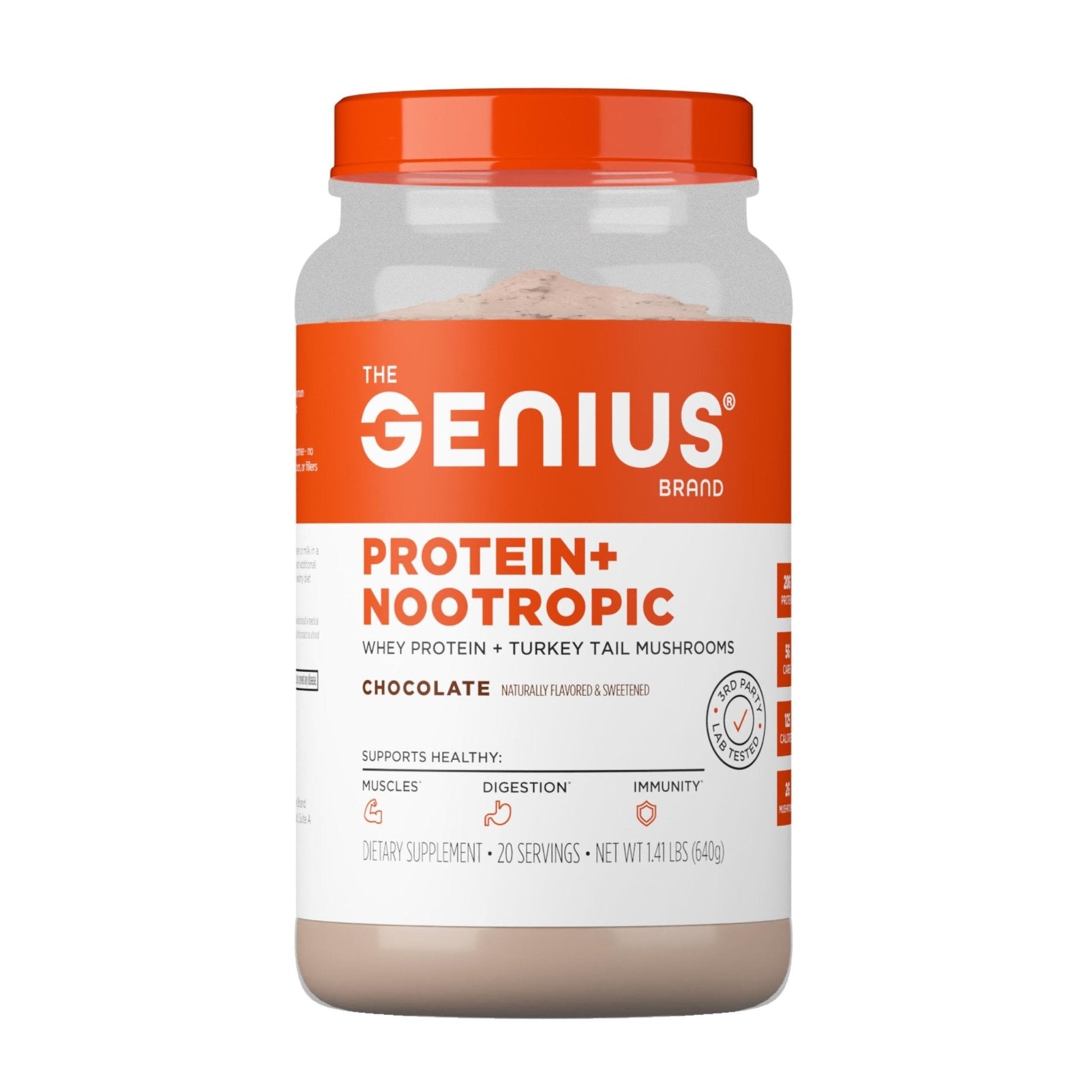 The Genius Brand Protein Powder - Chocolate + Adaptogenic Mushroom Blend - Plant-Based Protein with Reishi, Cordyceps & Lion’s Mane - Daily Muscle Recovery & Immune Support - 20 Servings - Maple Wellness Supplements