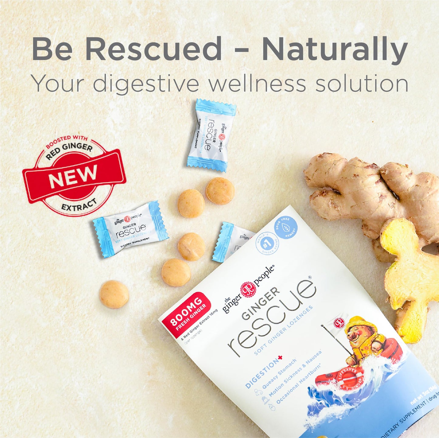 The Ginger People Ginger Rescue Digestive Wellness Lozenges (Soft) | Extra Strength - 800mg | Nausea, Upset Stomach, Motion Sickness - Maple Wellness Supplements