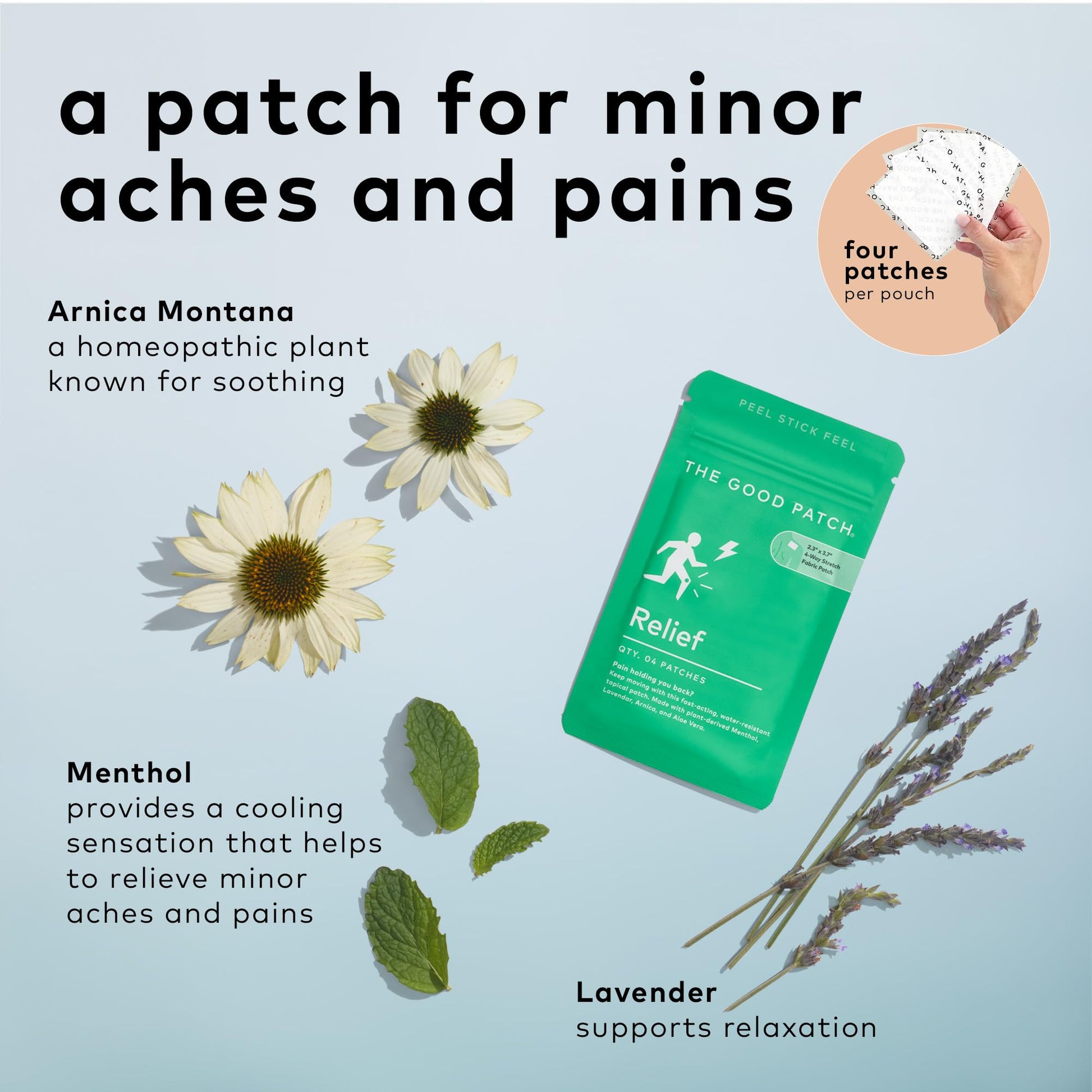 The Good Patch Muscle Pain Relief Patches, Natural Patch with Menthol, Lavender, Arnica and Aloe Vera, Sustained Release, Plant Powered Wearable Wellness, For Back, Neck, Arms, Legs (16 Total Patches) - Maple Wellness Supplements
