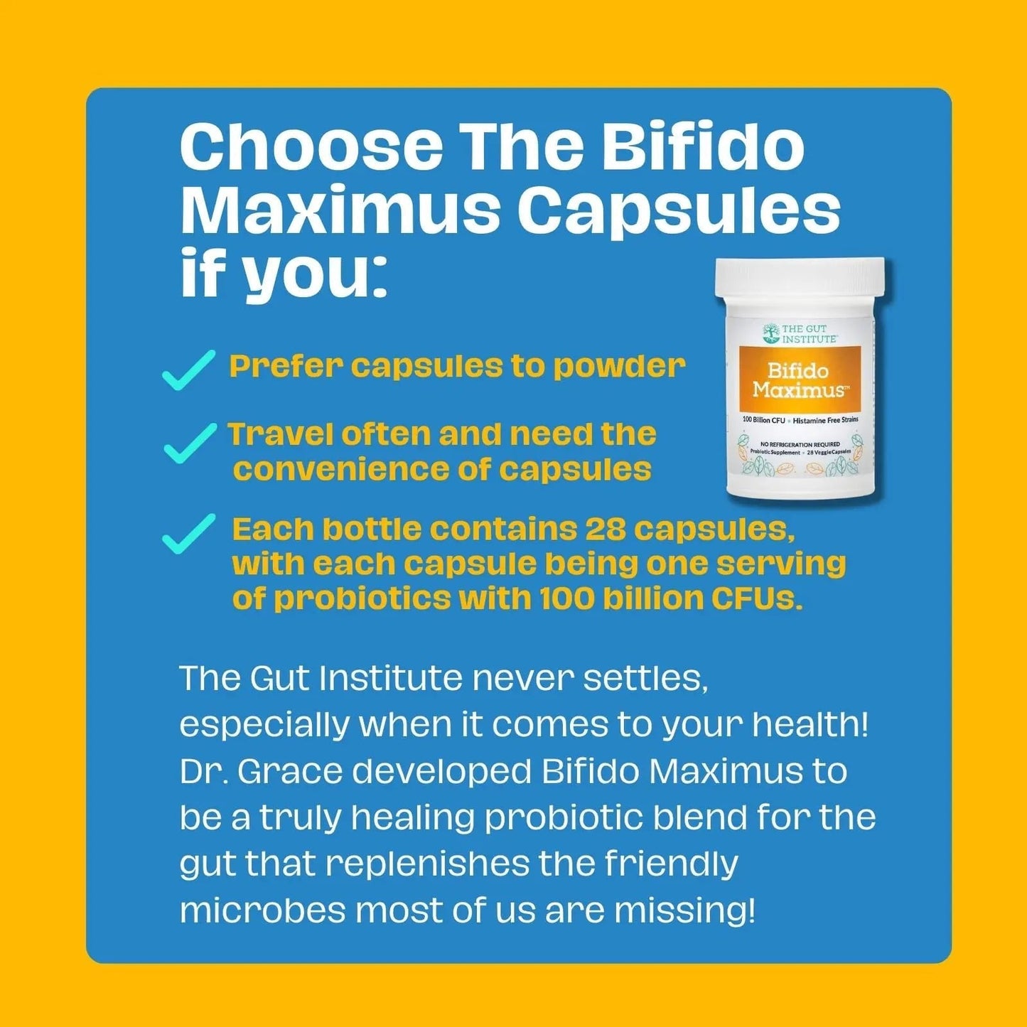 The Gut Institute Bifido Maximus Ultra High Potency Probiotics for Women and Men - Bifidobacterium longum 100 Billion CFUs - 28 ct - 7 Strains - No Histamines - No Refrigeration Needed - Made in USA - Maple Wellness Supplements