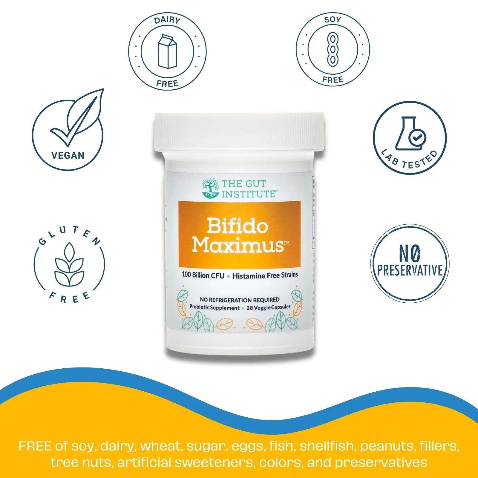 The Gut Institute Bifido Maximus Ultra High Potency Probiotics for Women and Men - Bifidobacterium longum 100 Billion CFUs - 28 ct - 7 Strains - No Histamines - No Refrigeration Needed - Made in USA - Maple Wellness Supplements