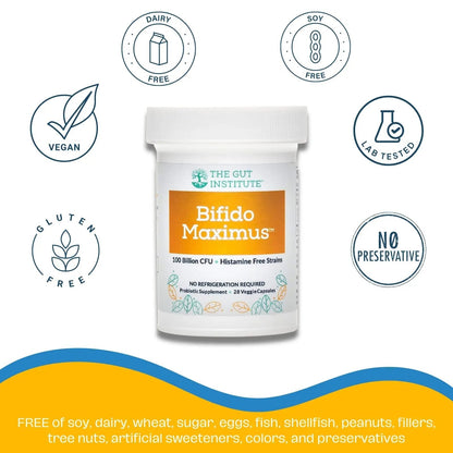 The Gut Institute Bifido Maximus Ultra High Potency Probiotics for Women and Men - Bifidobacterium longum 100 Billion CFUs - 28 ct - 7 Strains - No Histamines - No Refrigeration Needed - Made in USA - Maple Wellness Supplements