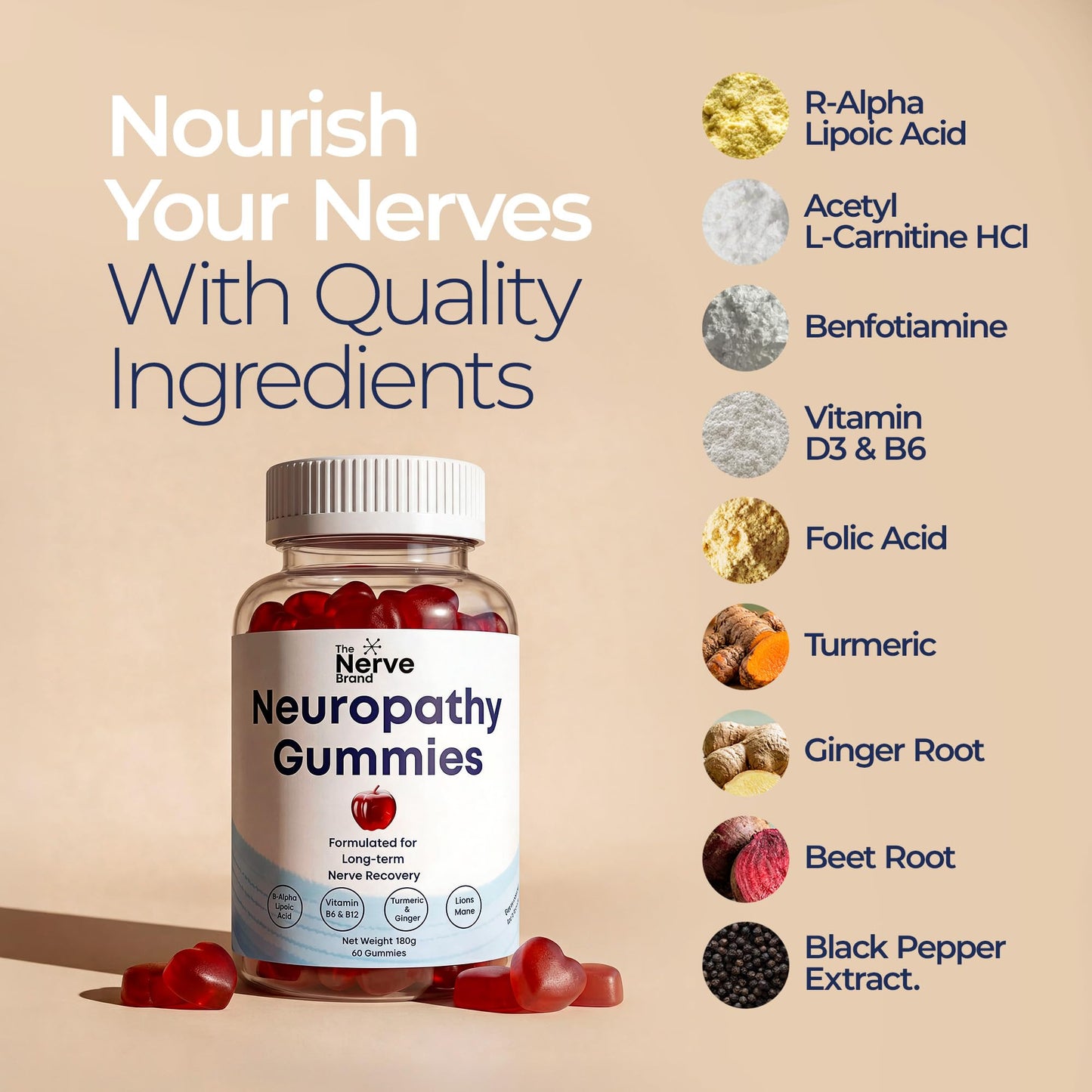 The Nerve Brand Neuropathy Support Gummies, 600 mg R Alpha Lipoic Acid Gummies with B1 B6 B12 and Lion’s Mane, Sugar Free Daily Nerve Health Supplement, 30 Day Supply - Maple Wellness Supplements