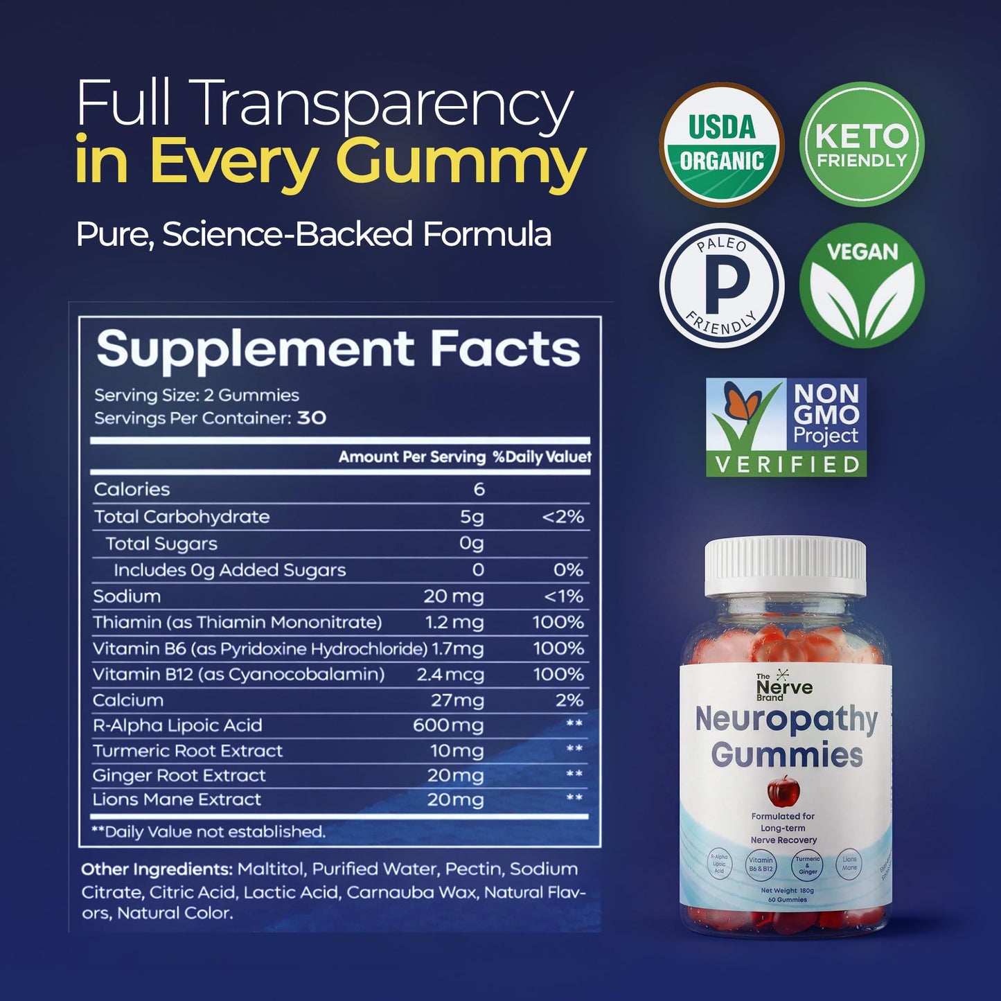 The Nerve Brand Neuropathy Support Gummies, 600 mg R Alpha Lipoic Acid Gummies with B1 B6 B12 and Lion’s Mane, Sugar Free Daily Nerve Health Supplement, 30 Day Supply - Maple Wellness Supplements