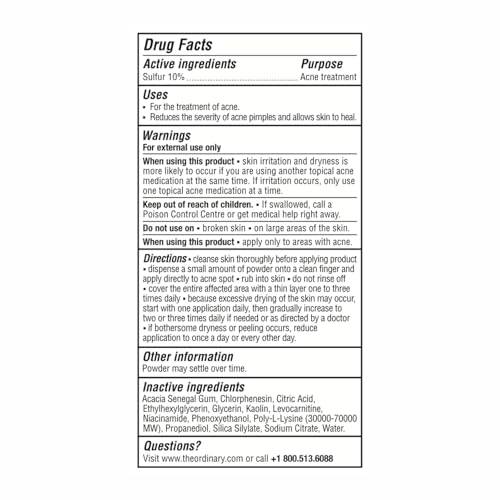 The Ordinary Sulfur 10% Powder-to-Cream Acne Spot Treatment Concentrate, Reduces Pimple Size and Zit Redness, 0.18 Oz - Maple Wellness Supplements