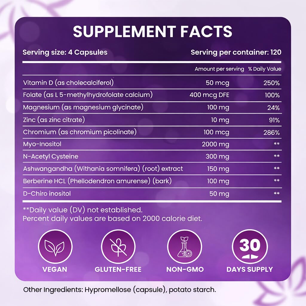 The Pink Bloom Myo & D-Chiro Inositol 40:1 Ratio – 120 Capsules | Myo Inositol Supplement for Women with Vitamin D, Ashwagandha, Folate & Zinc | Supplement for Hormone Balance & Ovarian Health - Maple Wellness Supplements