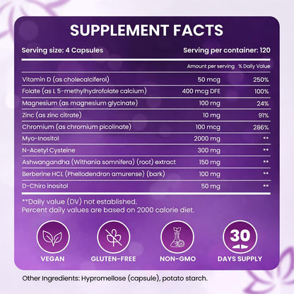 The Pink Bloom Myo & D-Chiro Inositol 40:1 Ratio – 120 Capsules | Myo Inositol Supplement for Women with Vitamin D, Ashwagandha, Folate & Zinc | Supplement for Hormone Balance & Ovarian Health - Maple Wellness Supplements
