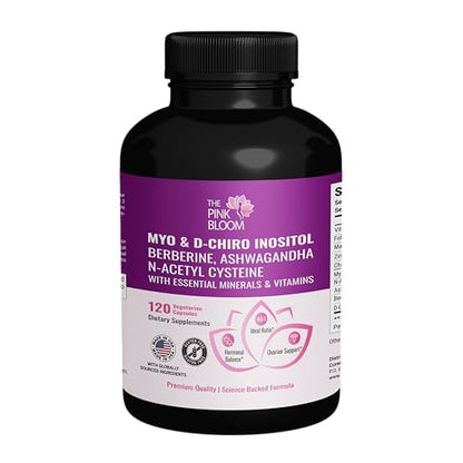 The Pink Bloom Myo & D-Chiro Inositol 40:1 Ratio – 120 Capsules | Myo Inositol Supplement for Women with Vitamin D, Ashwagandha, Folate & Zinc | Supplement for Hormone Balance & Ovarian Health - Maple Wellness Supplements