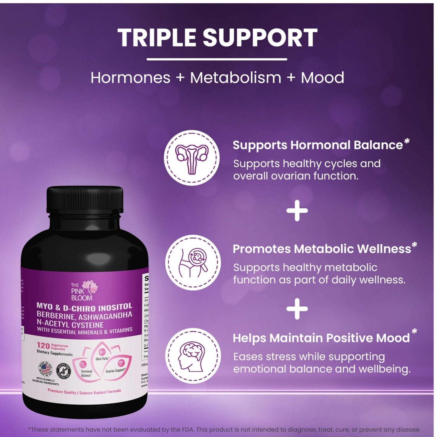 The Pink Bloom Myo & D-Chiro Inositol 40:1 Ratio – 120 Capsules | Myo Inositol Supplement for Women with Vitamin D, Ashwagandha, Folate & Zinc | Supplement for Hormone Balance & Ovarian Health - Maple Wellness Supplements