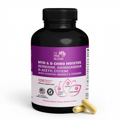 The Pink Bloom Myo & D-Chiro Inositol 40:1 Ratio – 120 Capsules | Myo Inositol Supplement for Women with Vitamin D, Ashwagandha, Folate & Zinc | Supplement for Hormone Balance & Ovarian Health - Maple Wellness Supplements