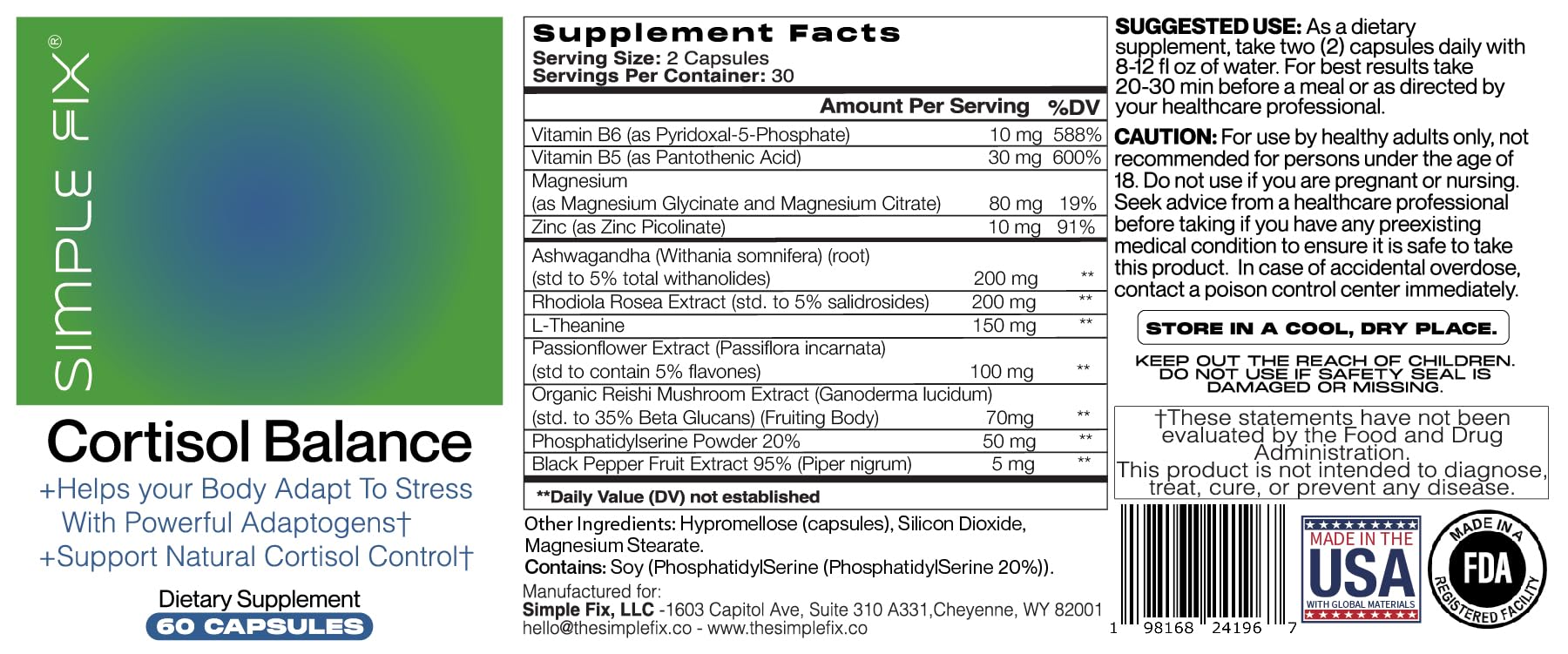 The Simple Fix Cortisol Balance Supplement – Supports Stress, Focus & Daily Energy – with Ashwagandha, Rhodiola Rosea, L-Theanine, Magnesium, Zinc & B6 – Adaptogen Formula – Vegan Capsules - Maple Wellness Supplements