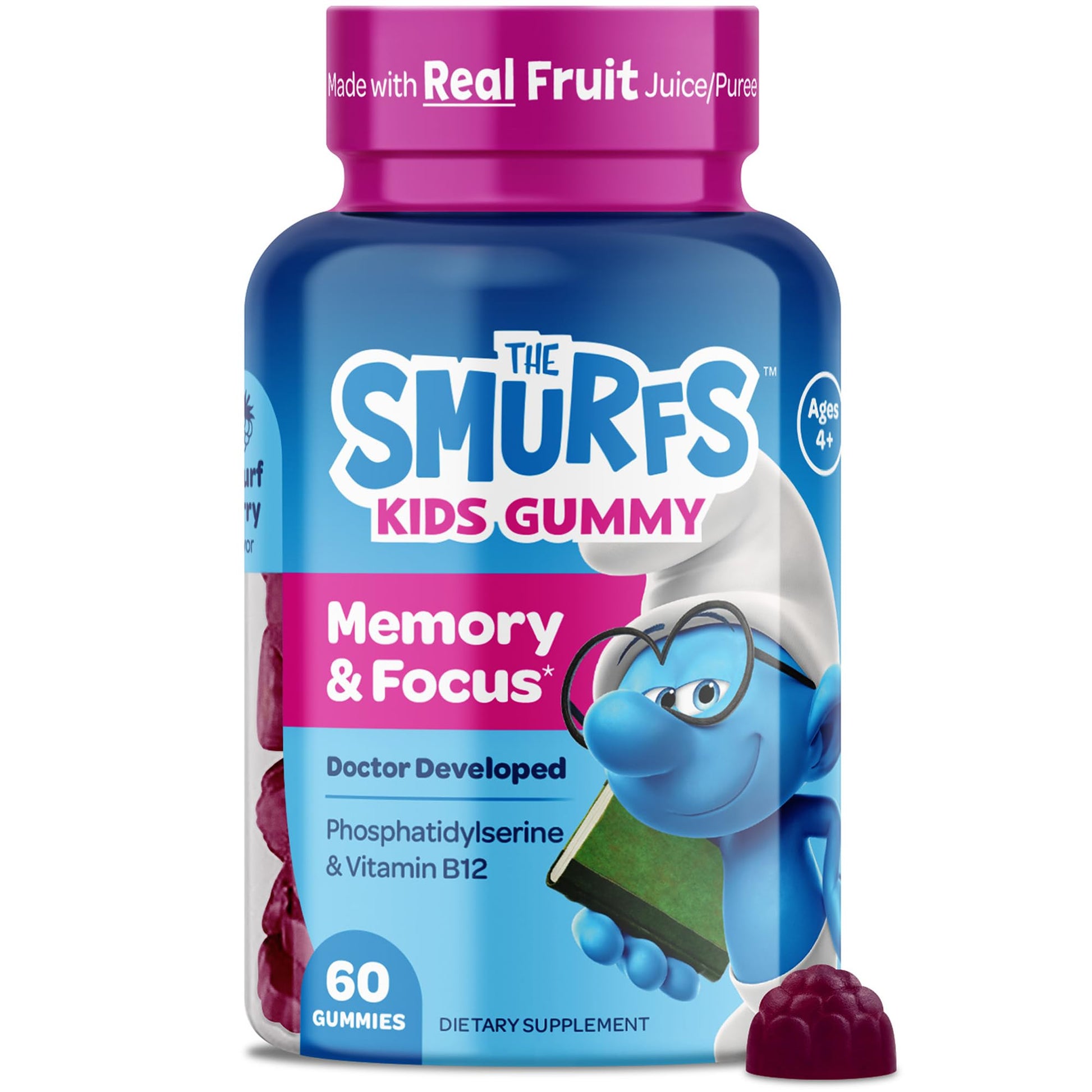 The Smurfs Nootropic Gummies for Kids with Vitamin B12 & L-Theanine | Laser Focus Gummy for Focus and Memory Supplements | Made with Real Fruit in a Smurf Berry | Doctor Developed | 60 Vegan Gummies - Maple Wellness Supplements