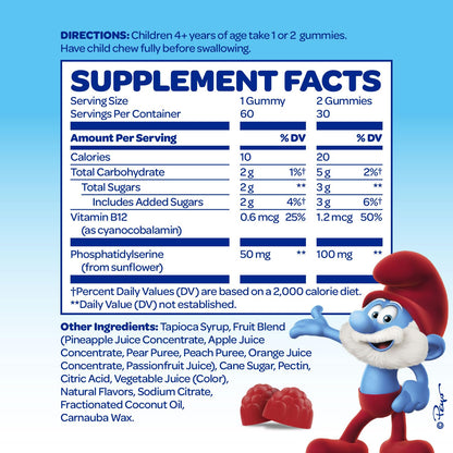 The Smurfs Nootropic Gummies for Kids with Vitamin B12 & L-Theanine | Laser Focus Gummy for Focus and Memory Supplements | Made with Real Fruit in a Smurf Berry | Doctor Developed | 60 Vegan Gummies - Maple Wellness Supplements