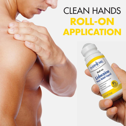 TheraCare 4% Lidocaine Roll-On | OTC Strength | Pain Relief Liquid | 2.5 oz. 73 mL | Non-Greasy, Unscented Formula | Topical Anesthetic - Maple Wellness Supplements