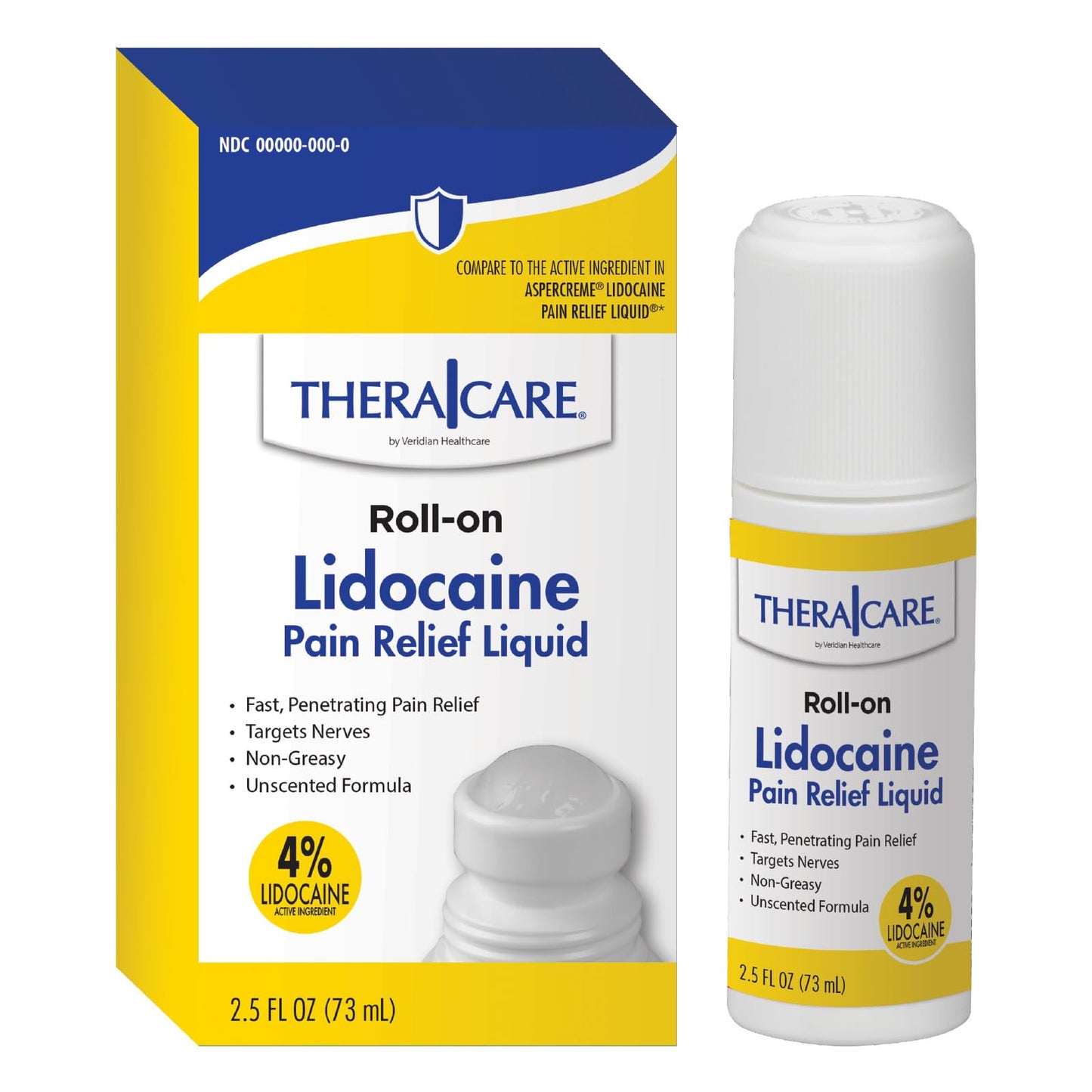 TheraCare 4% Lidocaine Roll-On | OTC Strength | Pain Relief Liquid | 2.5 oz. 73 mL | Non-Greasy, Unscented Formula | Topical Anesthetic - Maple Wellness Supplements